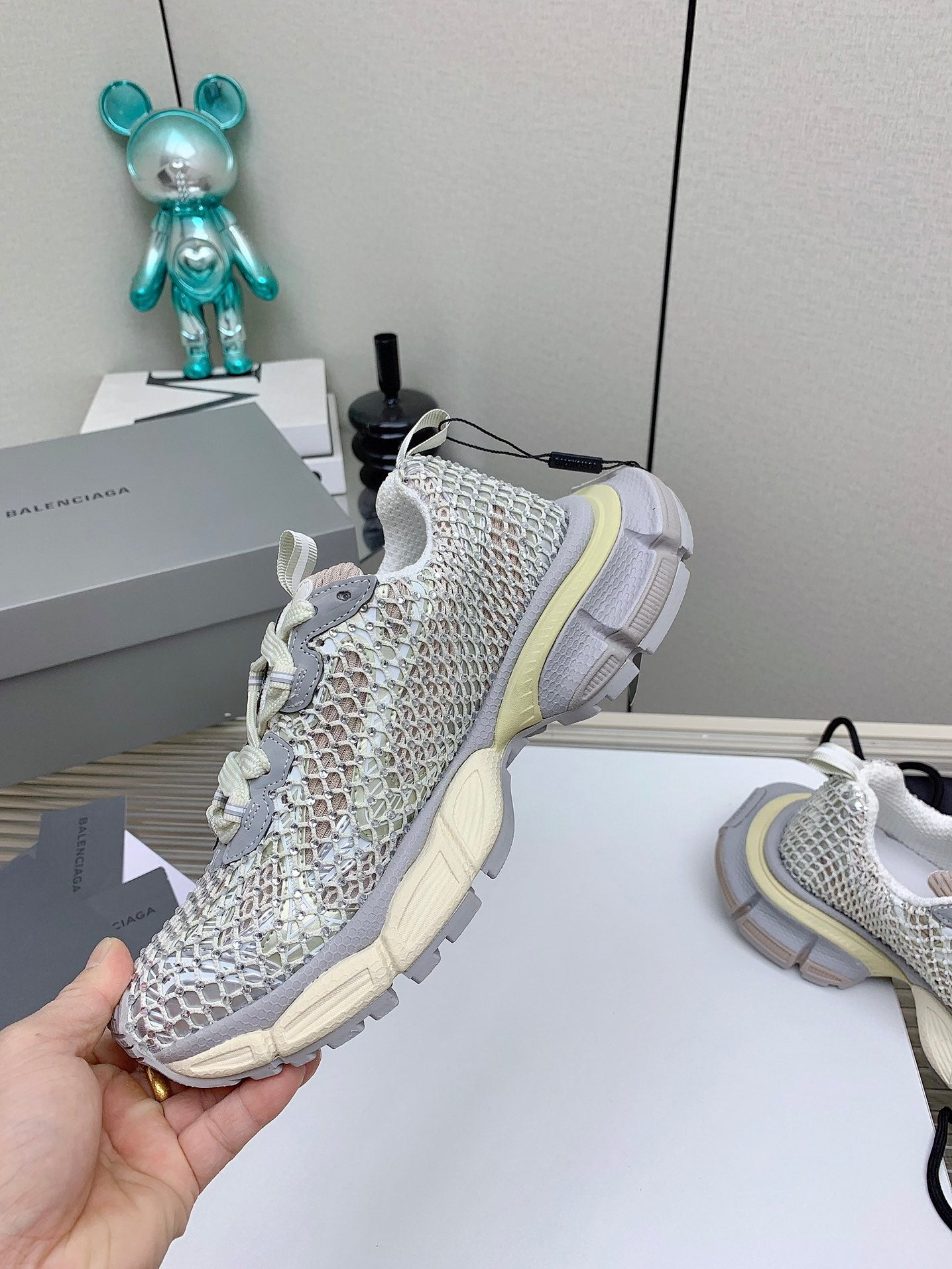 Balanciaga XL FISHNET SNEAKER IN GRAY AND BEIGE MESH, POLYURETHANE, POLYESTER WITH RHINESTONES