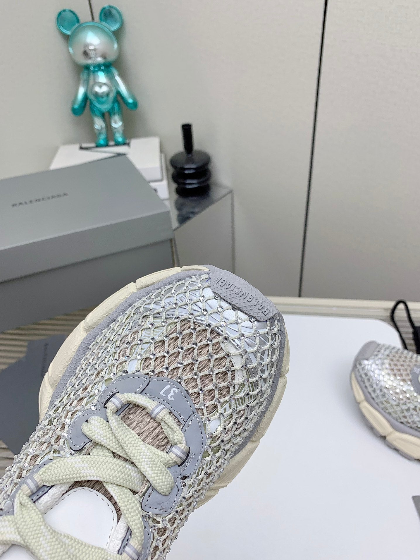 Balanciaga XL FISHNET SNEAKER IN GRAY AND BEIGE MESH, POLYURETHANE, POLYESTER WITH RHINESTONES