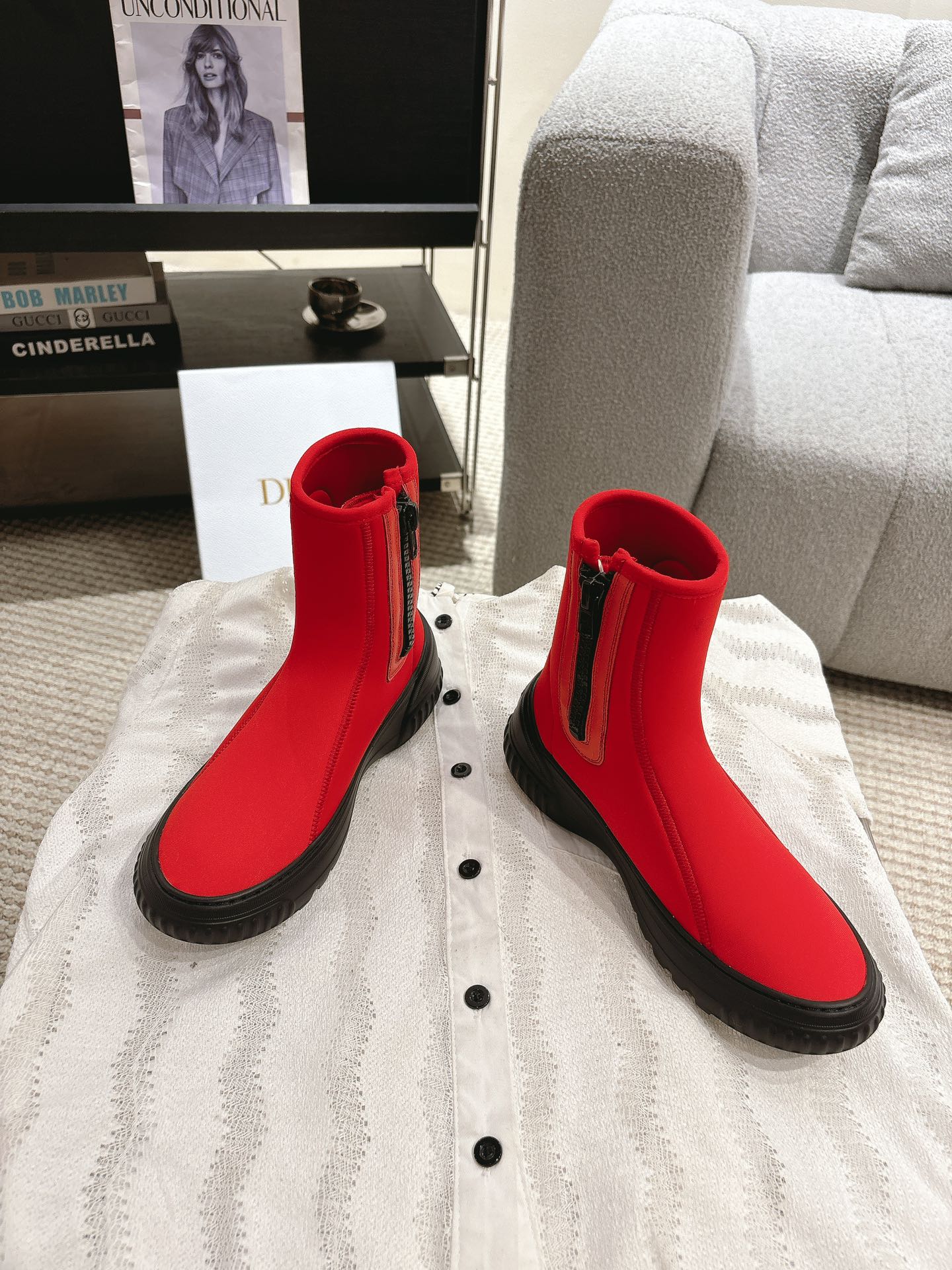 DIOR Ankle Boots Bright Red Elastic Fabric