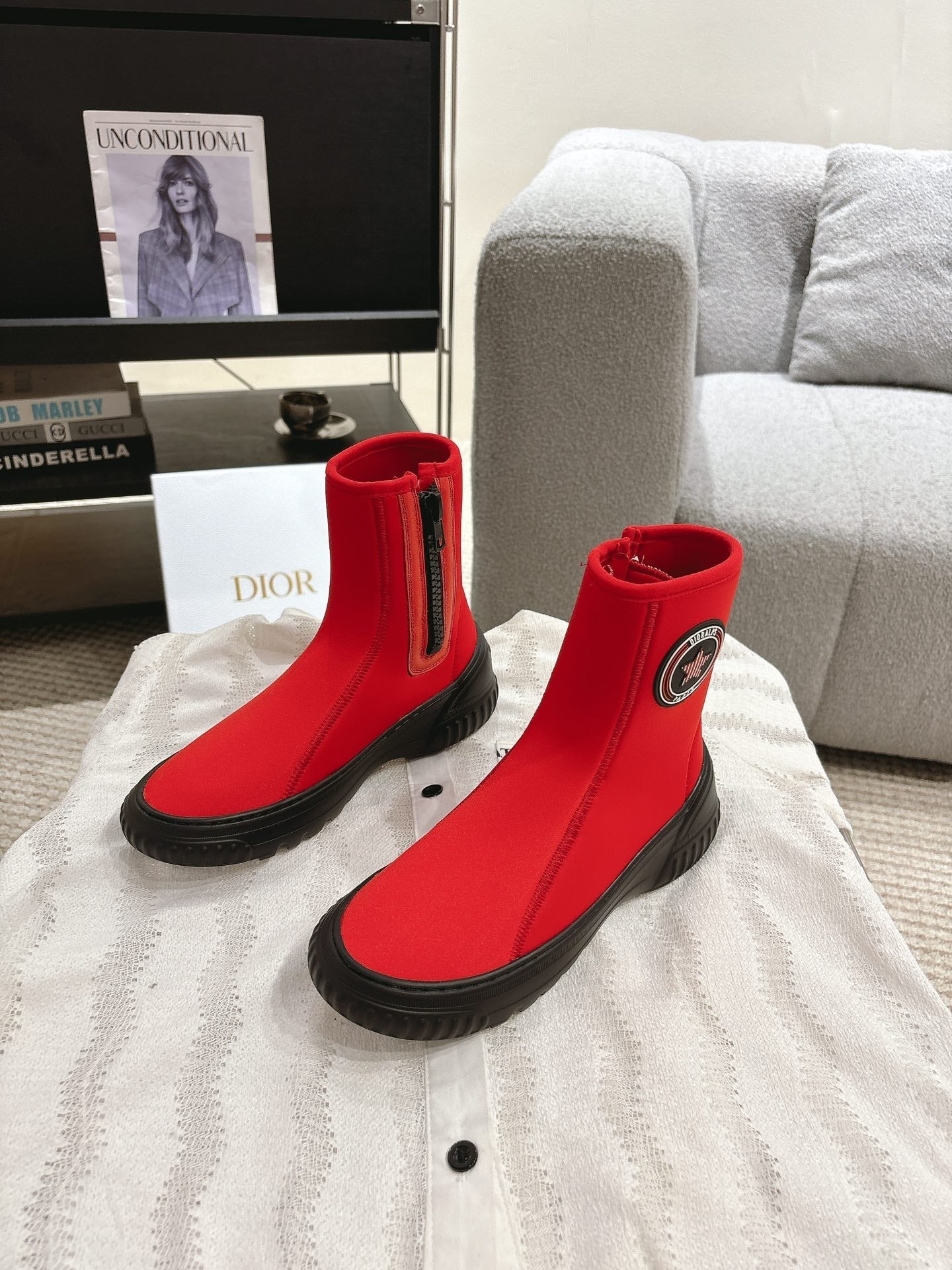 DIOR Ankle Boots Bright Red Elastic Fabric