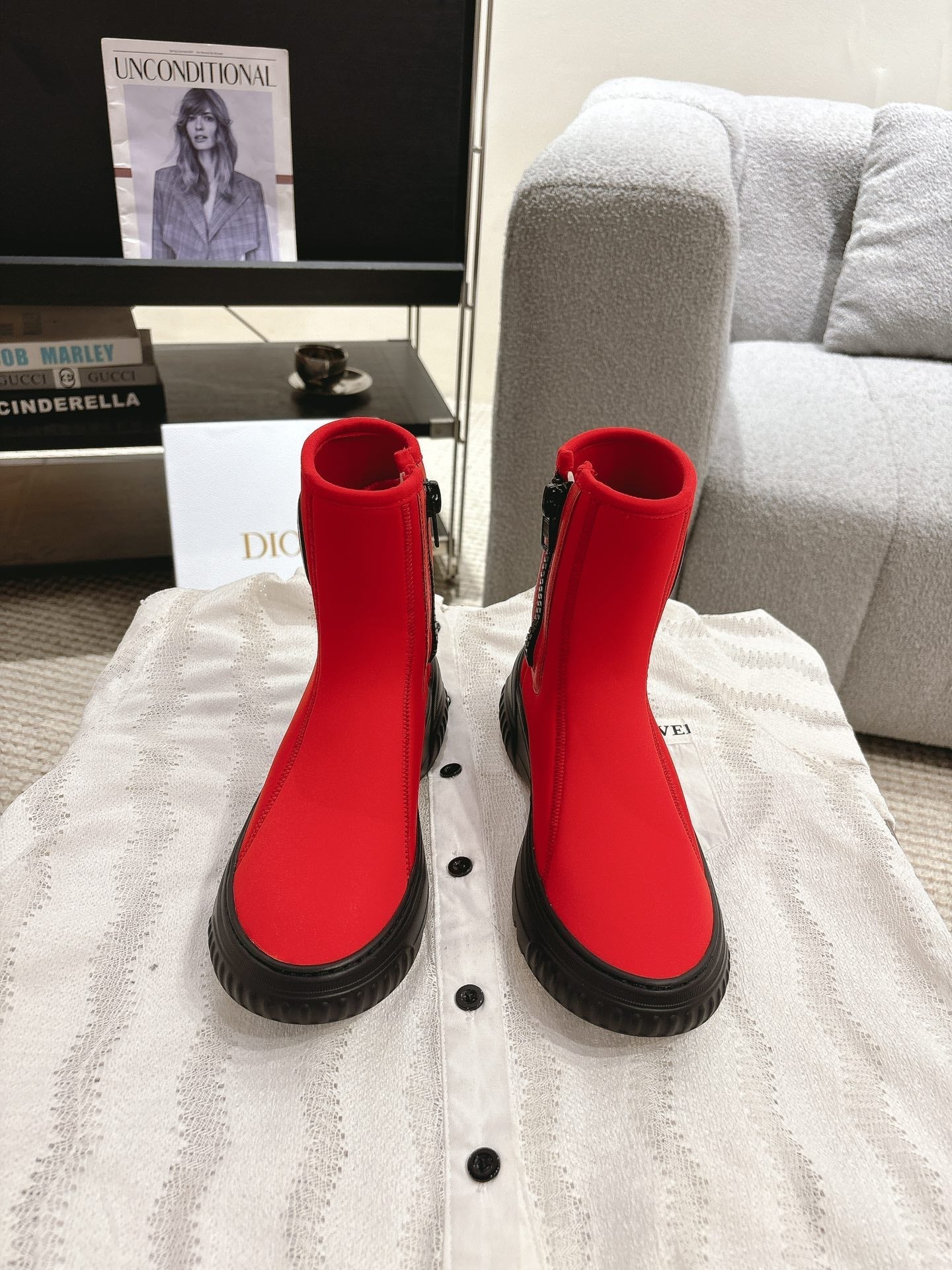 DIOR Ankle Boots Bright Red Elastic Fabric