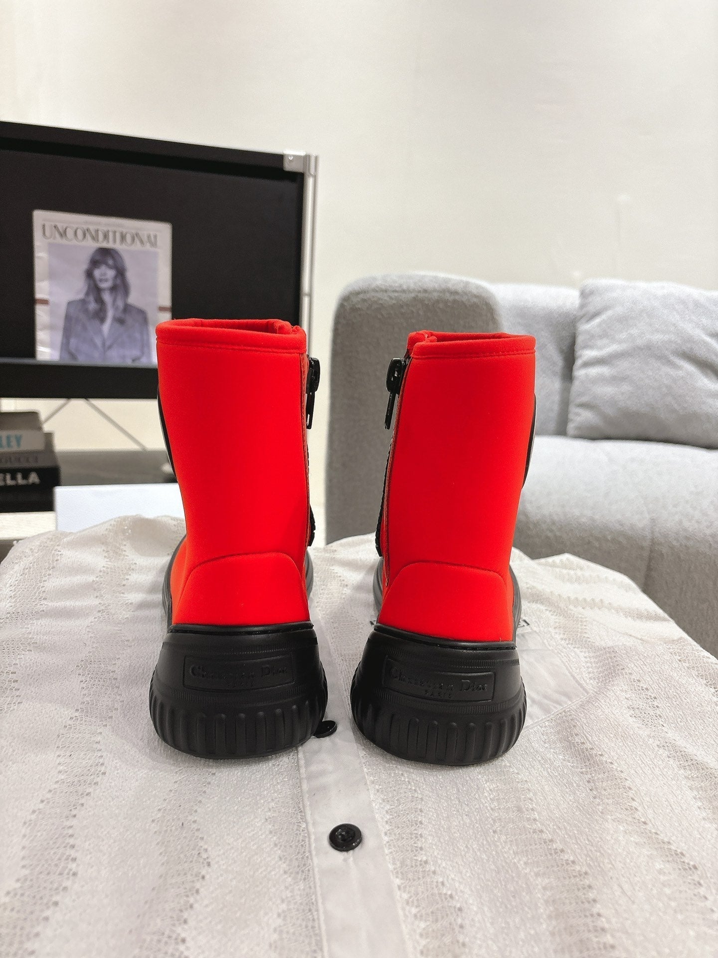 DIOR Ankle Boots Bright Red Elastic Fabric