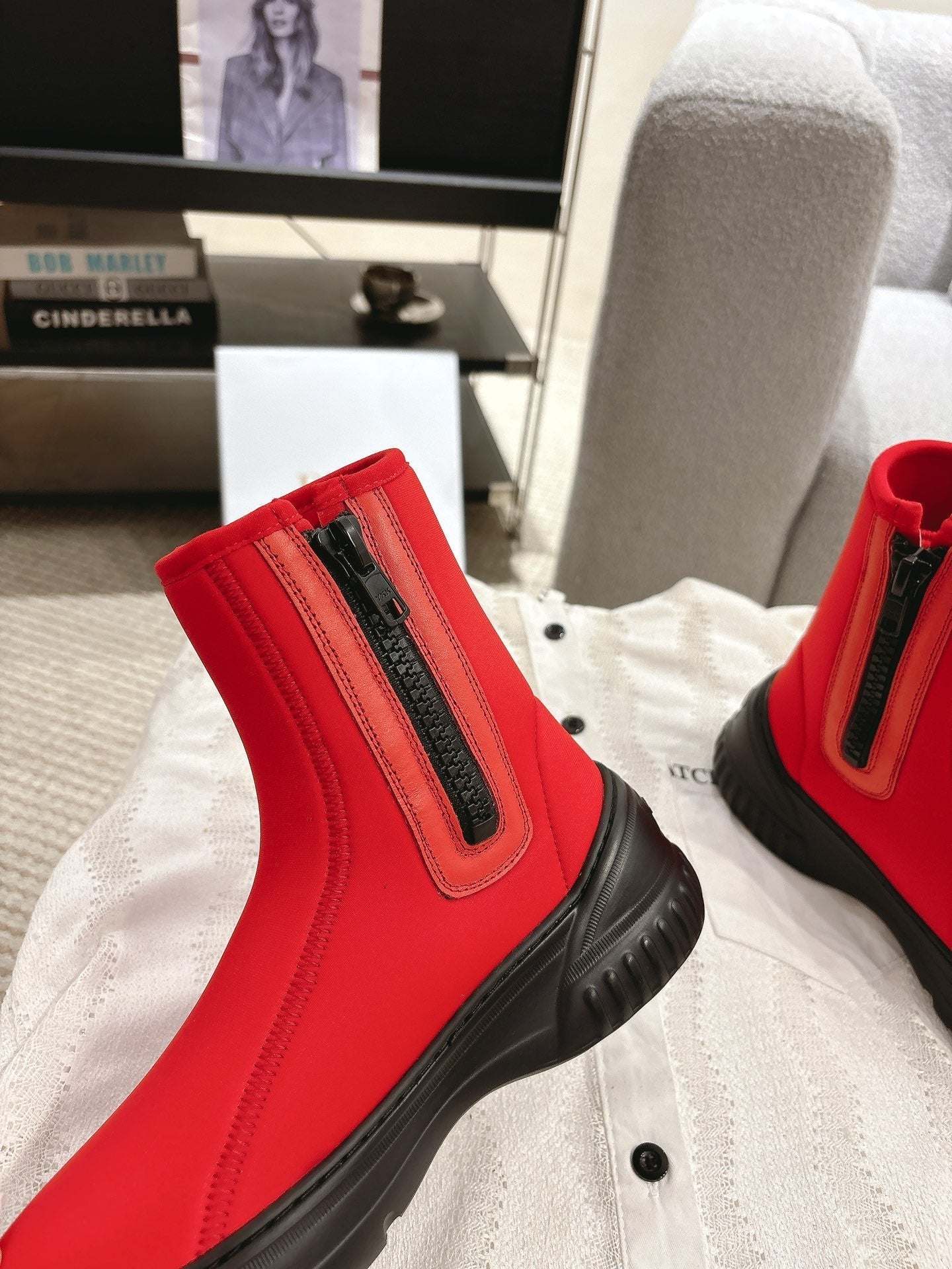 DIOR Ankle Boots Bright Red Elastic Fabric