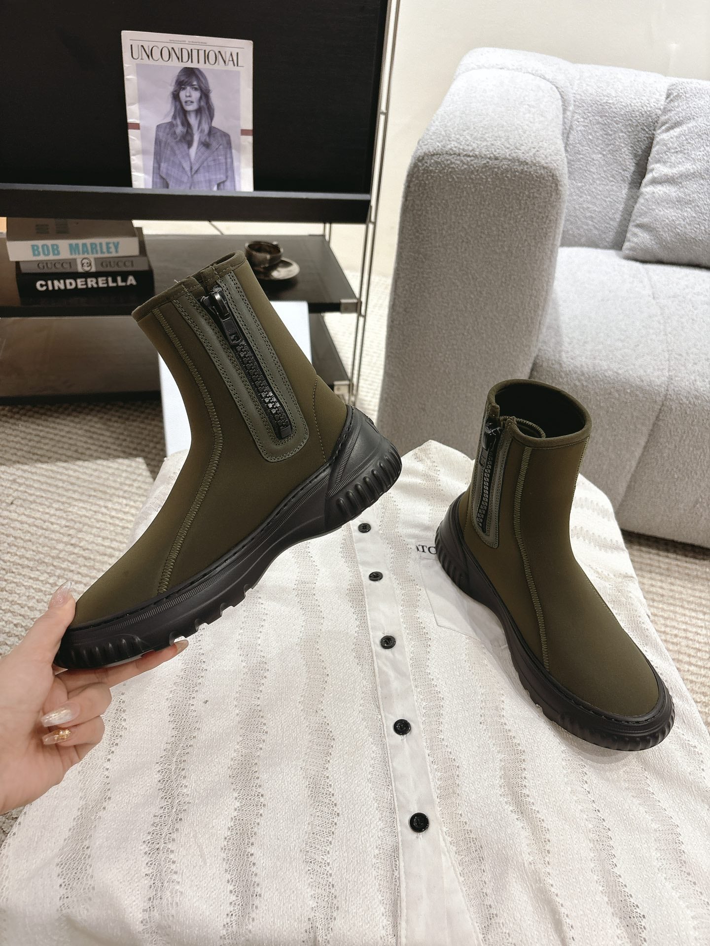 DIOR Ankle Boots Brown Moss Green Elastic Fabric