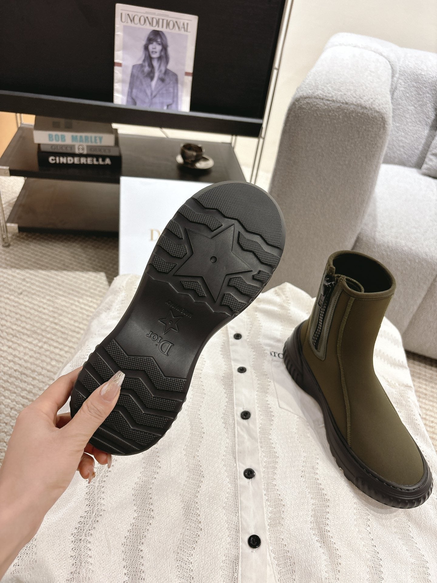DIOR Ankle Boots Brown Moss Green Elastic Fabric