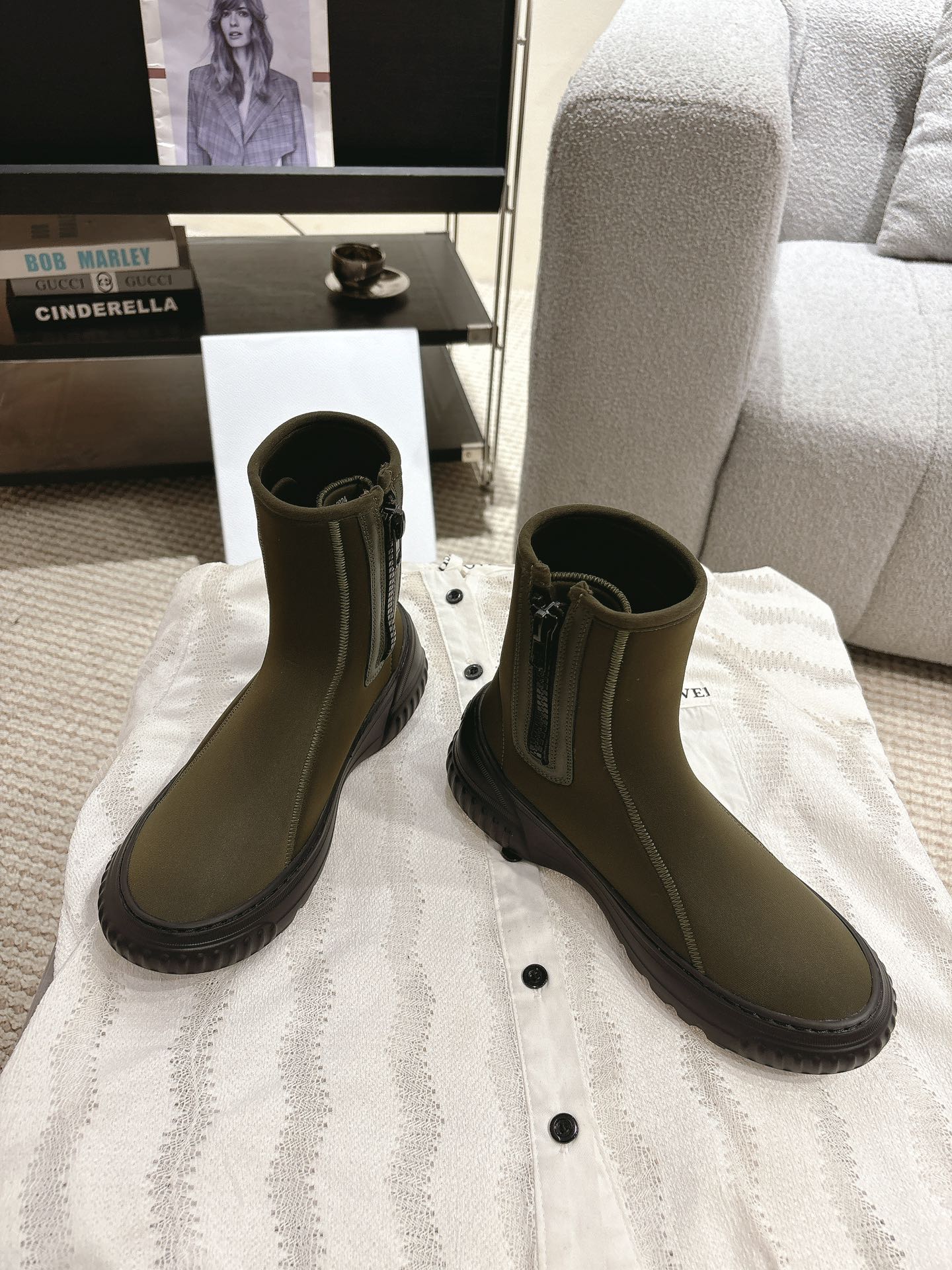 DIOR Ankle Boots Brown Moss Green Elastic Fabric