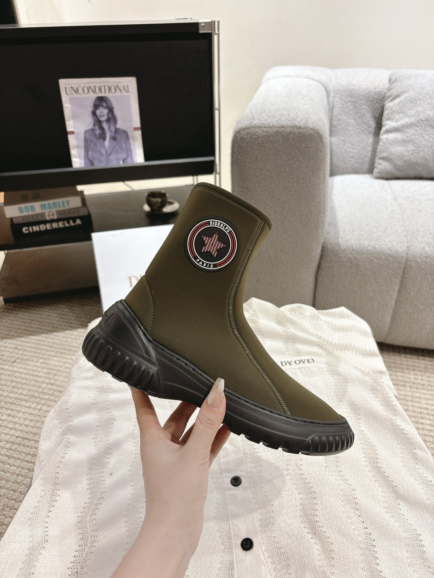 DIOR Ankle Boots Brown Moss Green Elastic Fabric
