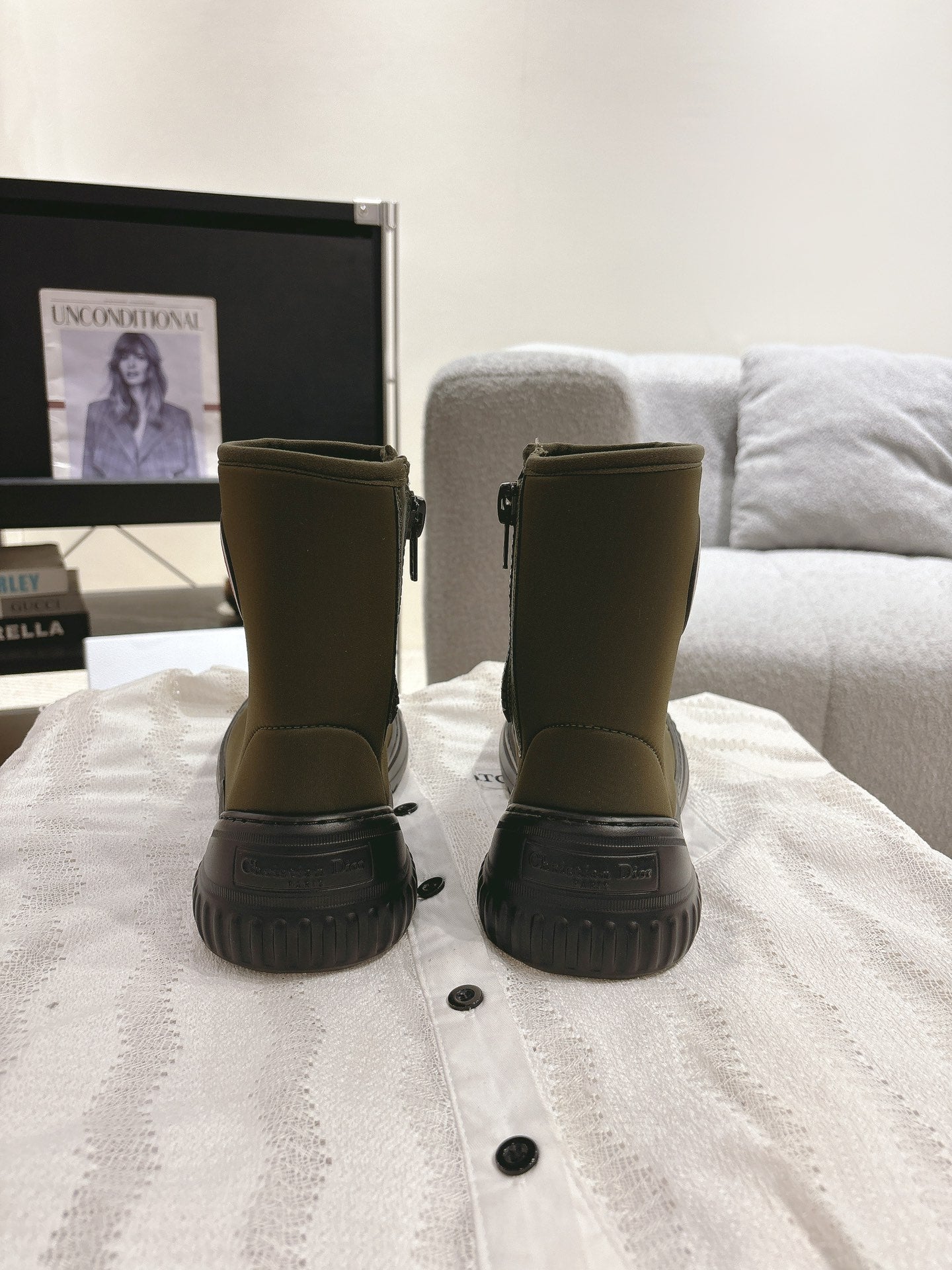 DIOR Ankle Boots Brown Moss Green Elastic Fabric