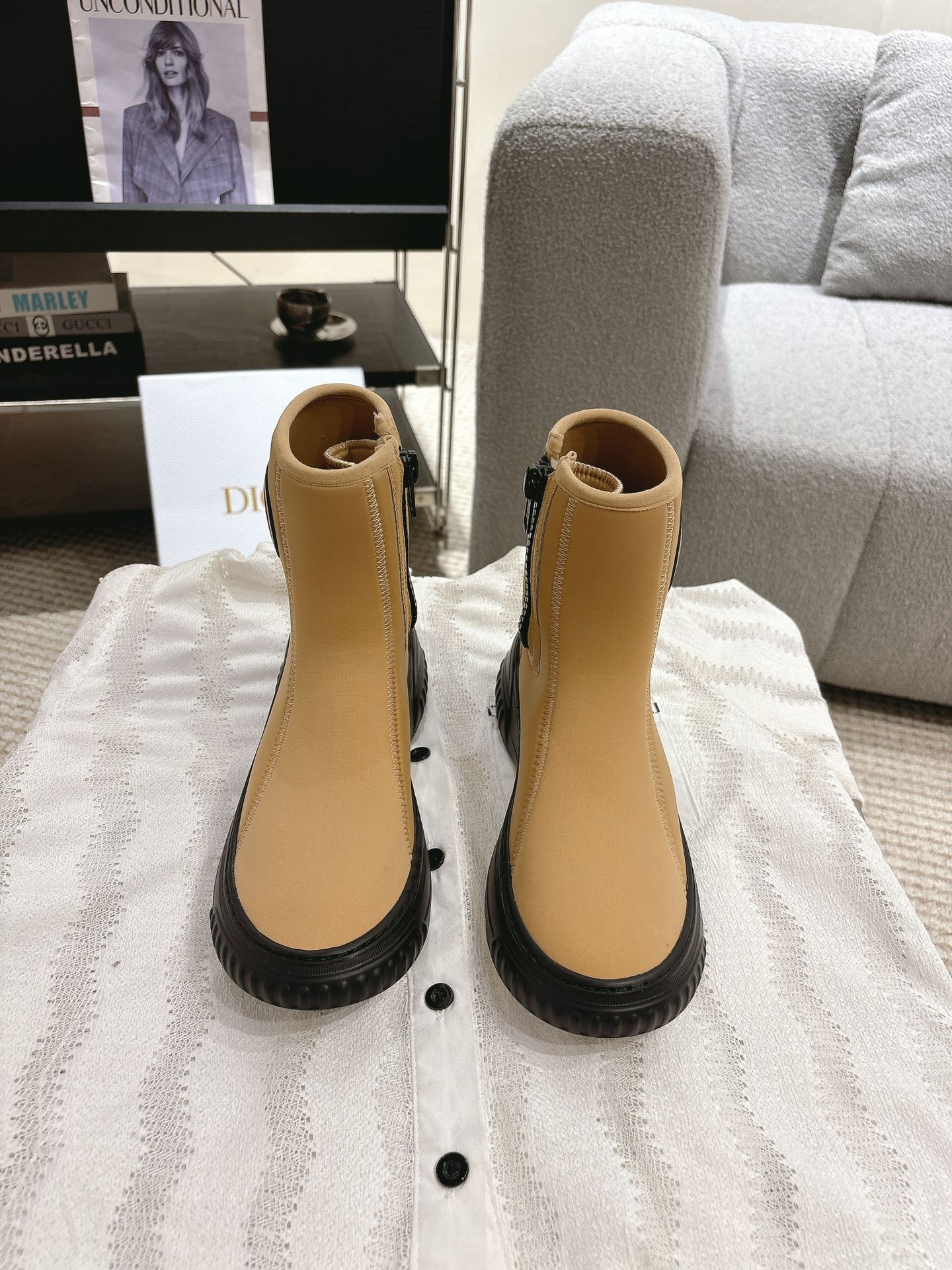 DIOR Ankle Boots Yellow Beige Elastic Fabric