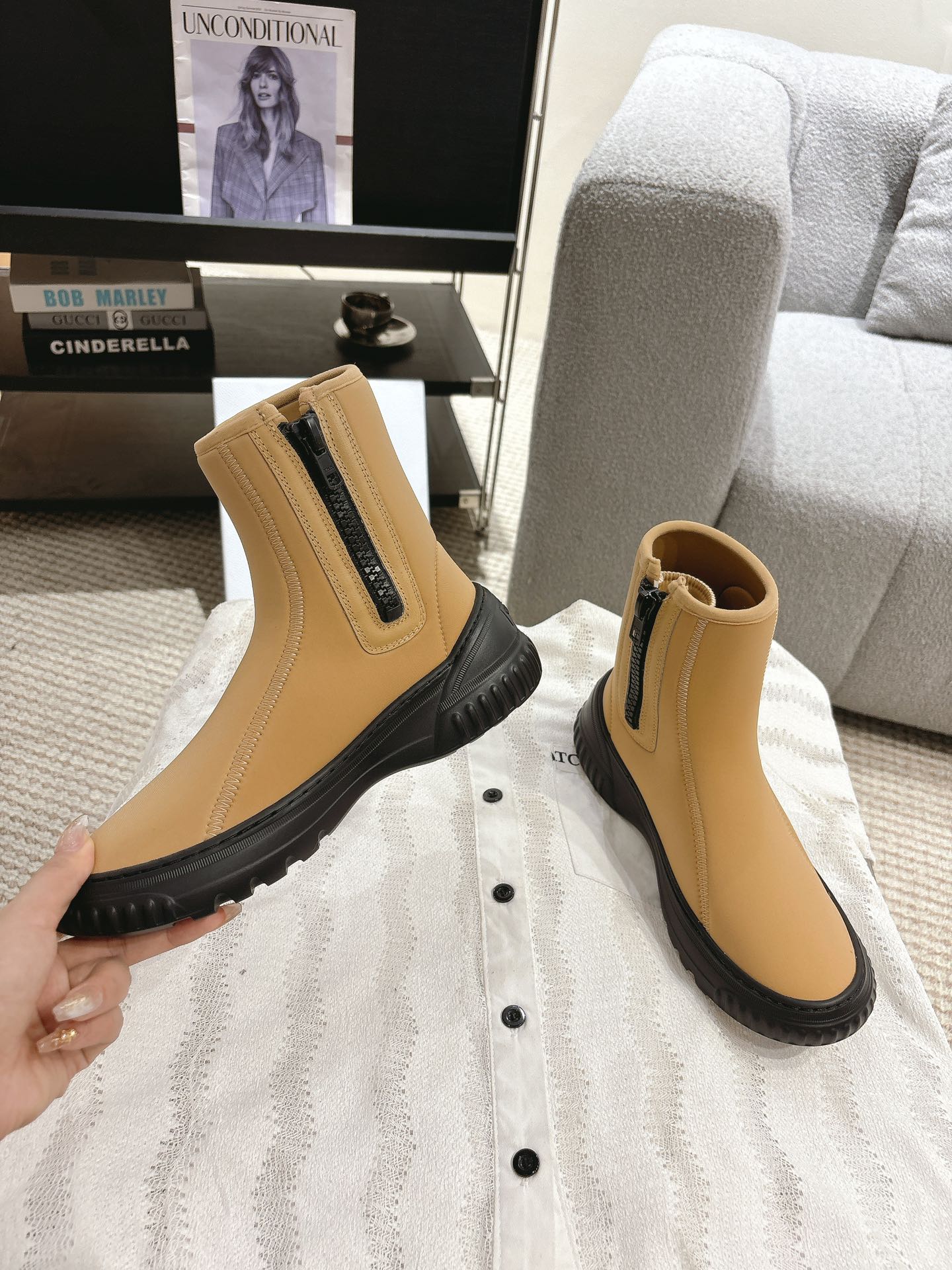 DIOR Ankle Boots Yellow Beige Elastic Fabric
