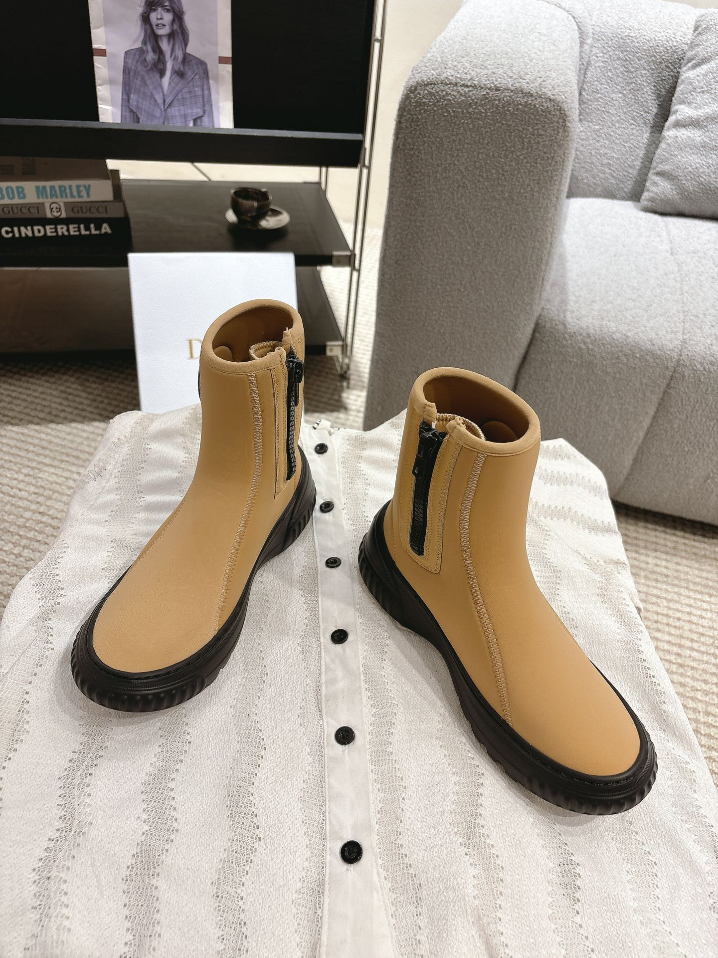 DIOR Ankle Boots Yellow Beige Elastic Fabric