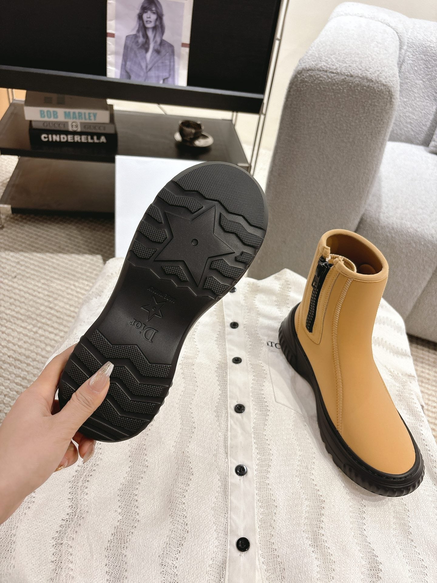 DIOR Ankle Boots Yellow Beige Elastic Fabric