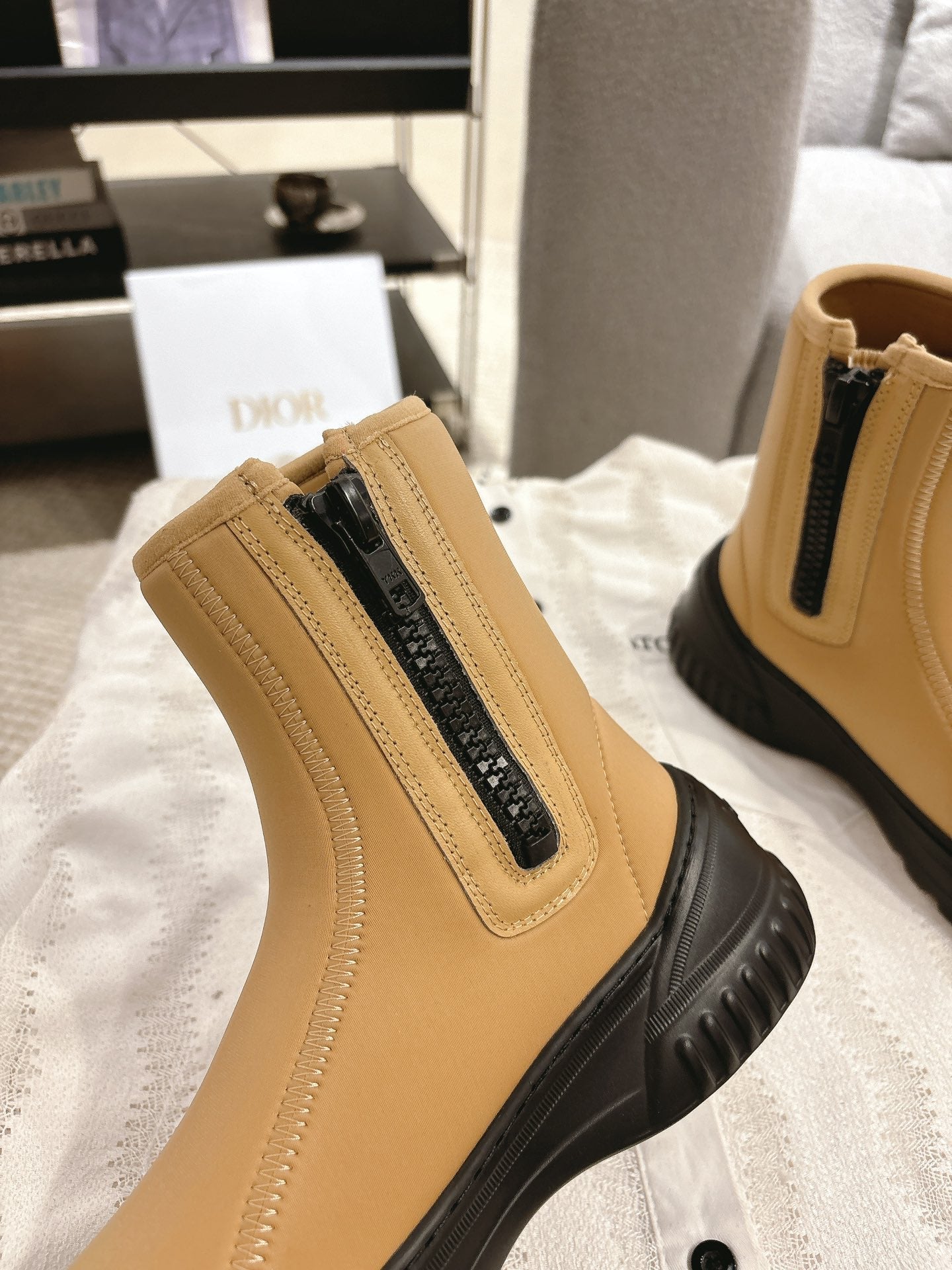 DIOR Ankle Boots Yellow Beige Elastic Fabric