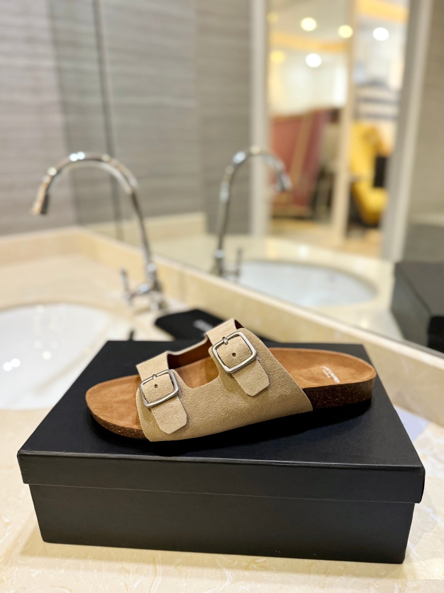 Saint Laurent SL Flat Sandal Women Brown Beige Seude