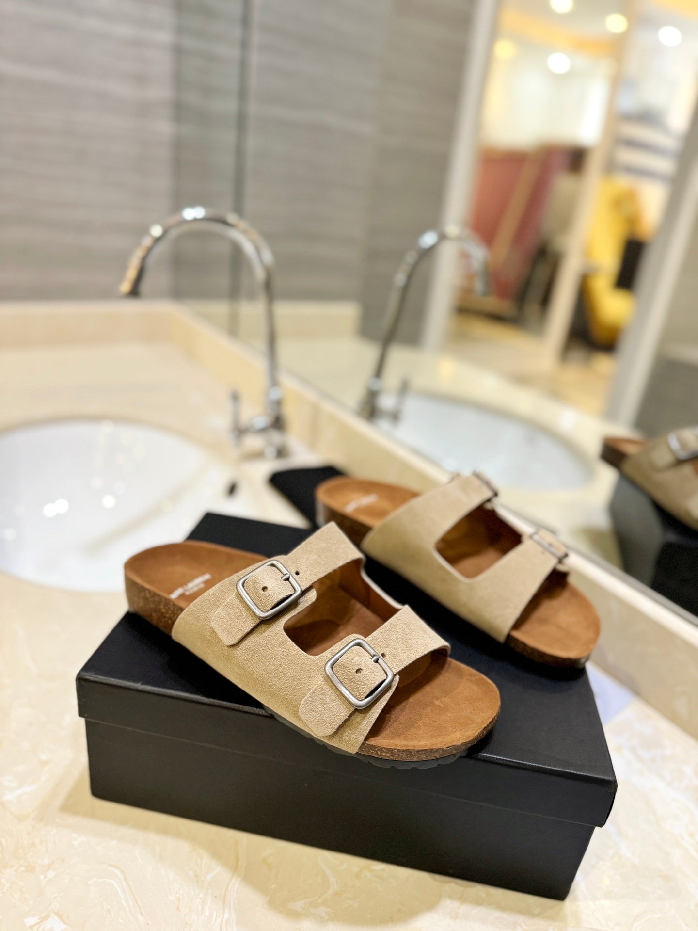 Saint Laurent SL Flat Sandal Women Brown Beige Seude