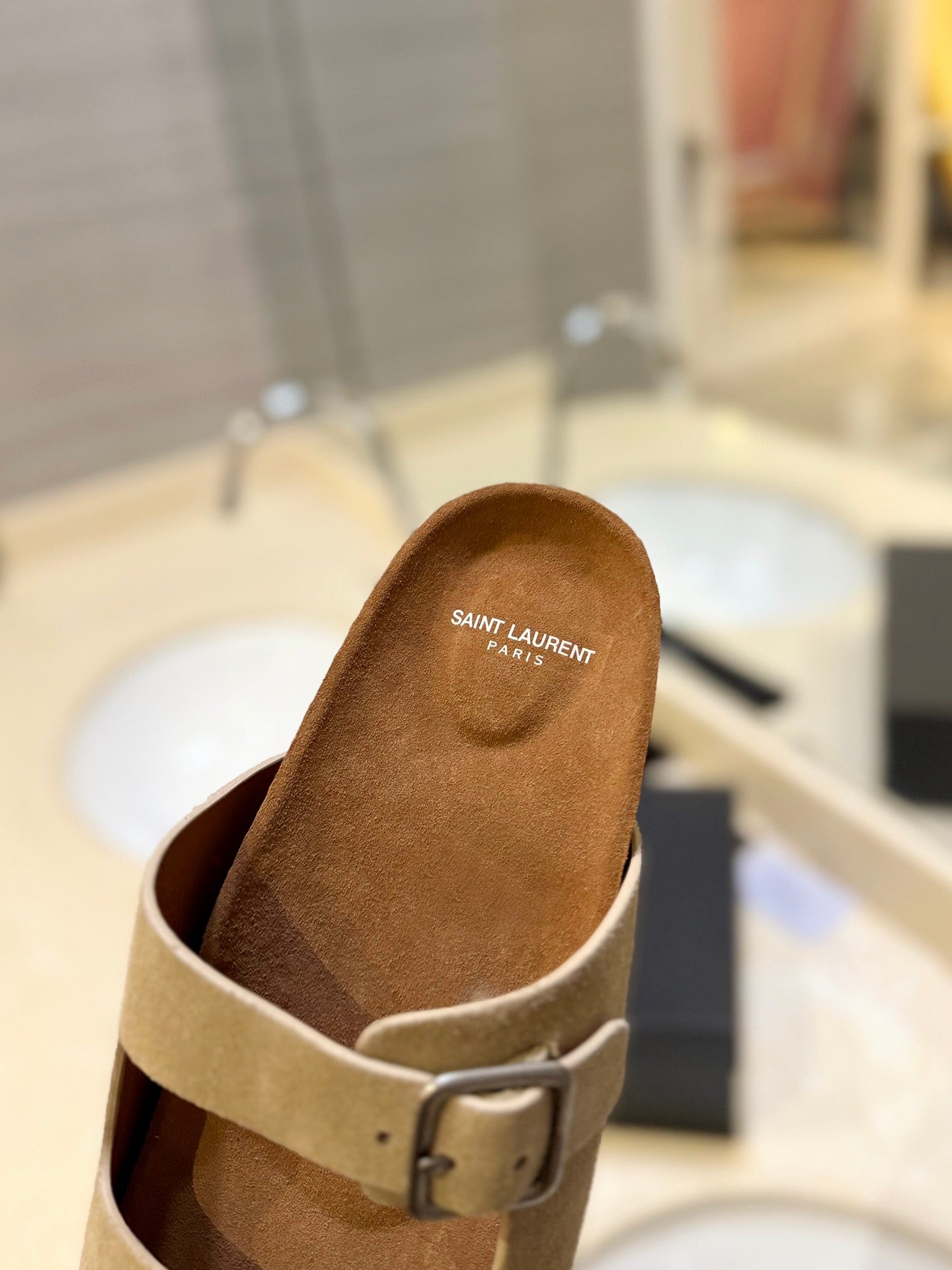 Saint Laurent SL Flat Sandal Women Brown Beige Seude