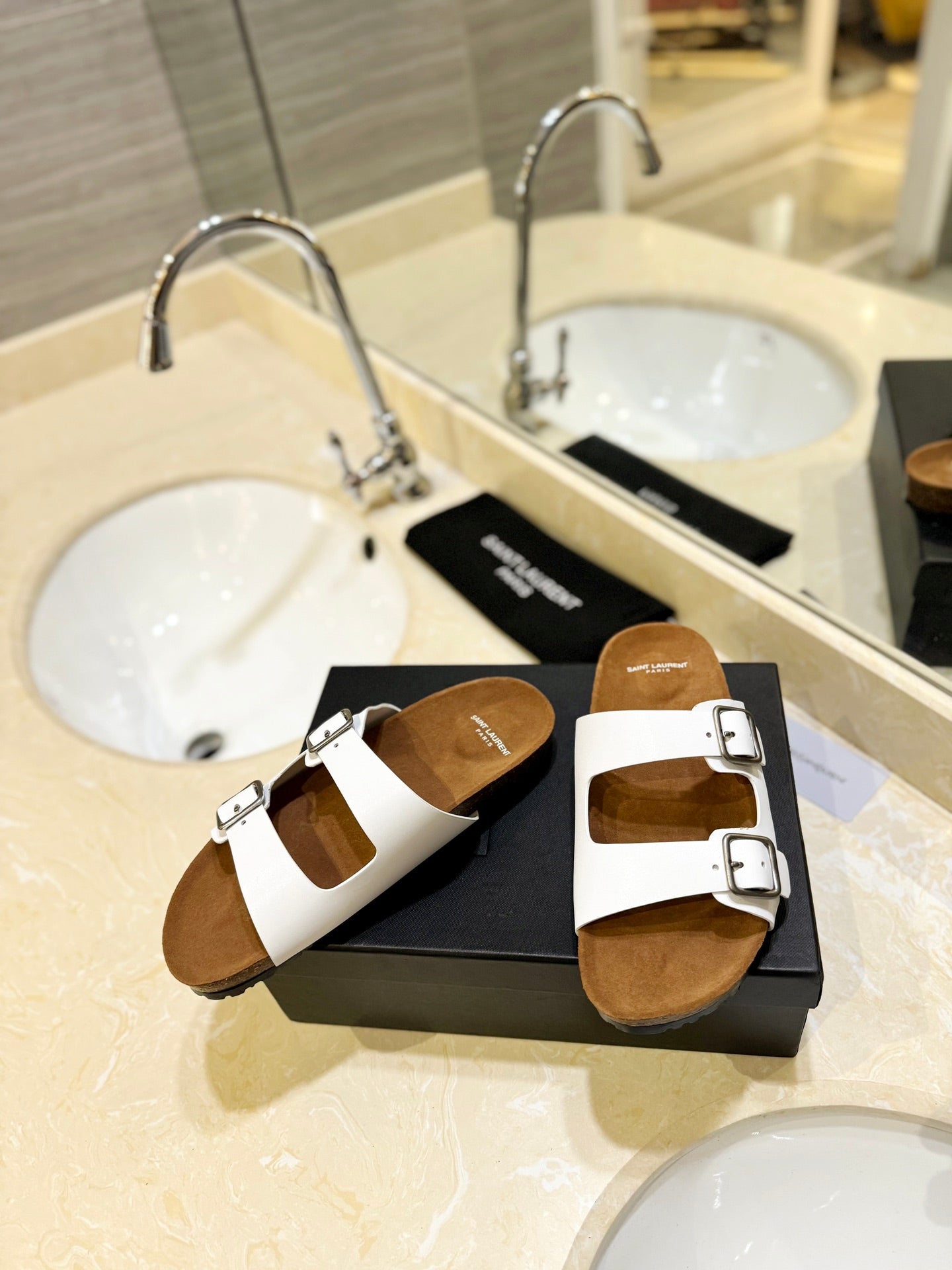 Saint Laurent SL Flat Sandal Women Brown Seude White Calfskin