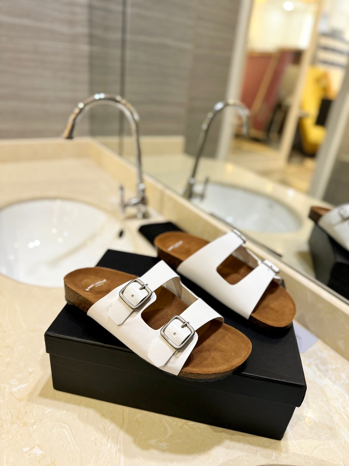 Saint Laurent SL Flat Sandal Women Brown Seude White Calfskin