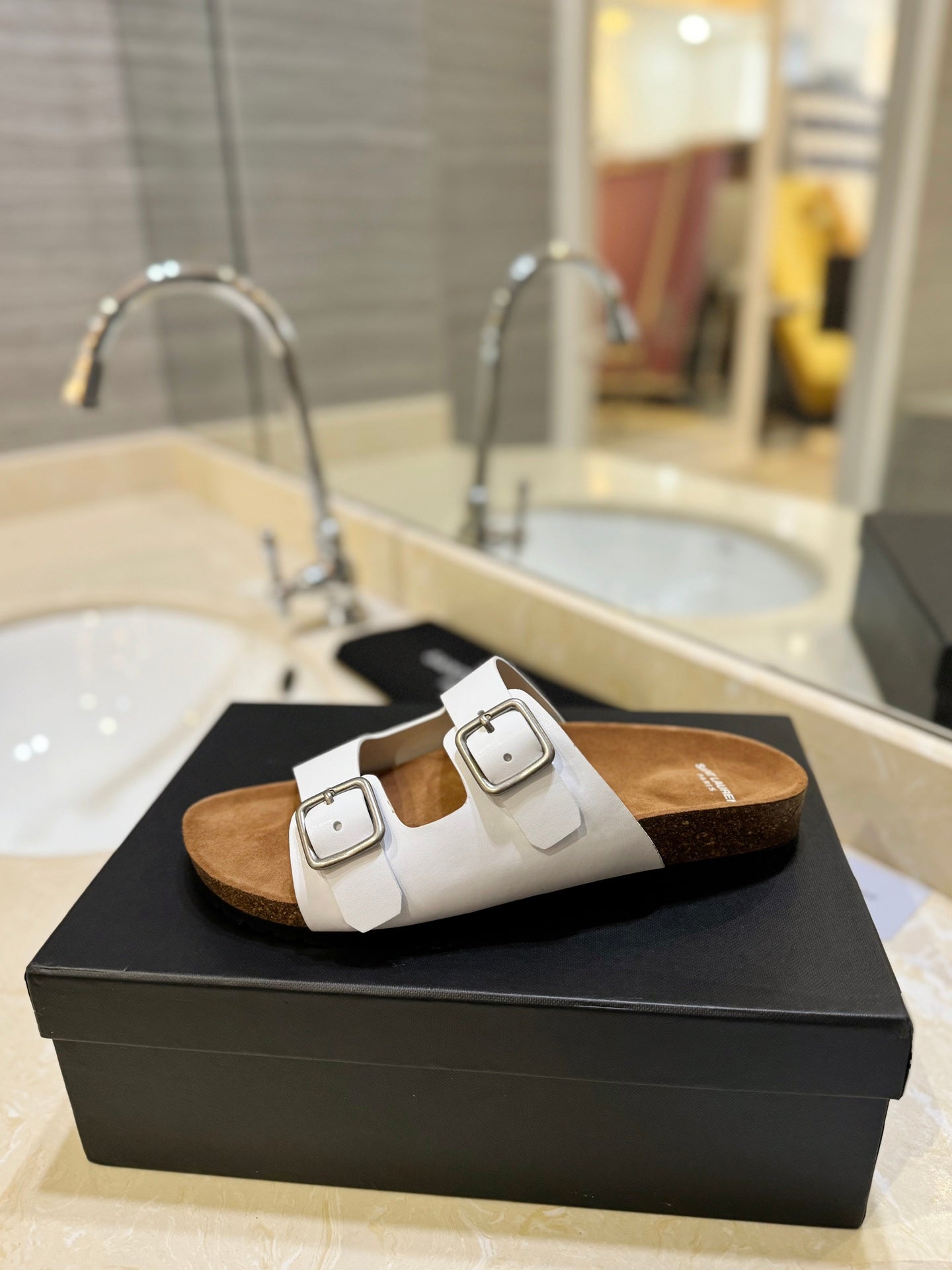 Saint Laurent SL Flat Sandal Women Brown Seude White Calfskin