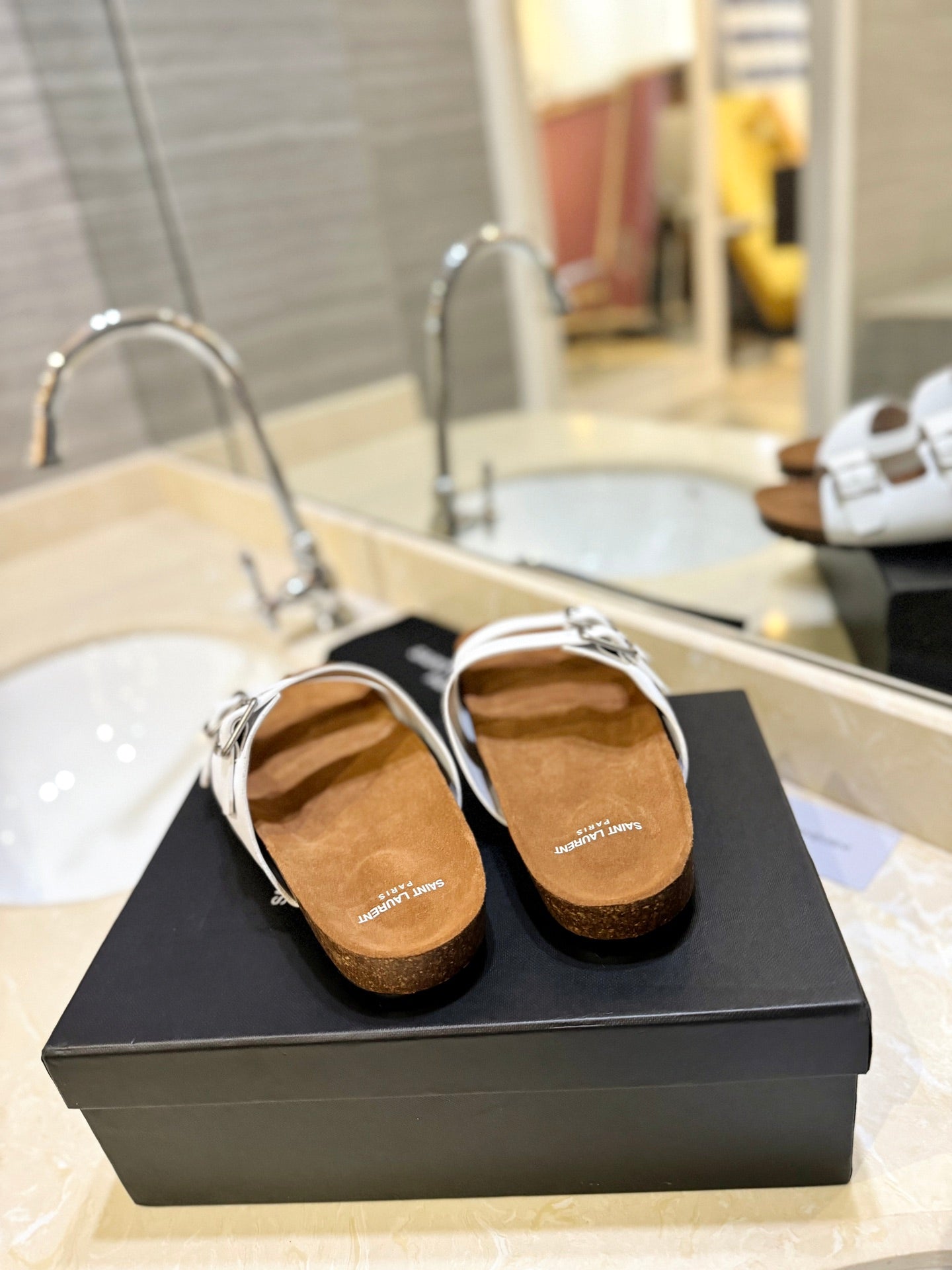 Saint Laurent SL Flat Sandal Women Brown Seude White Calfskin