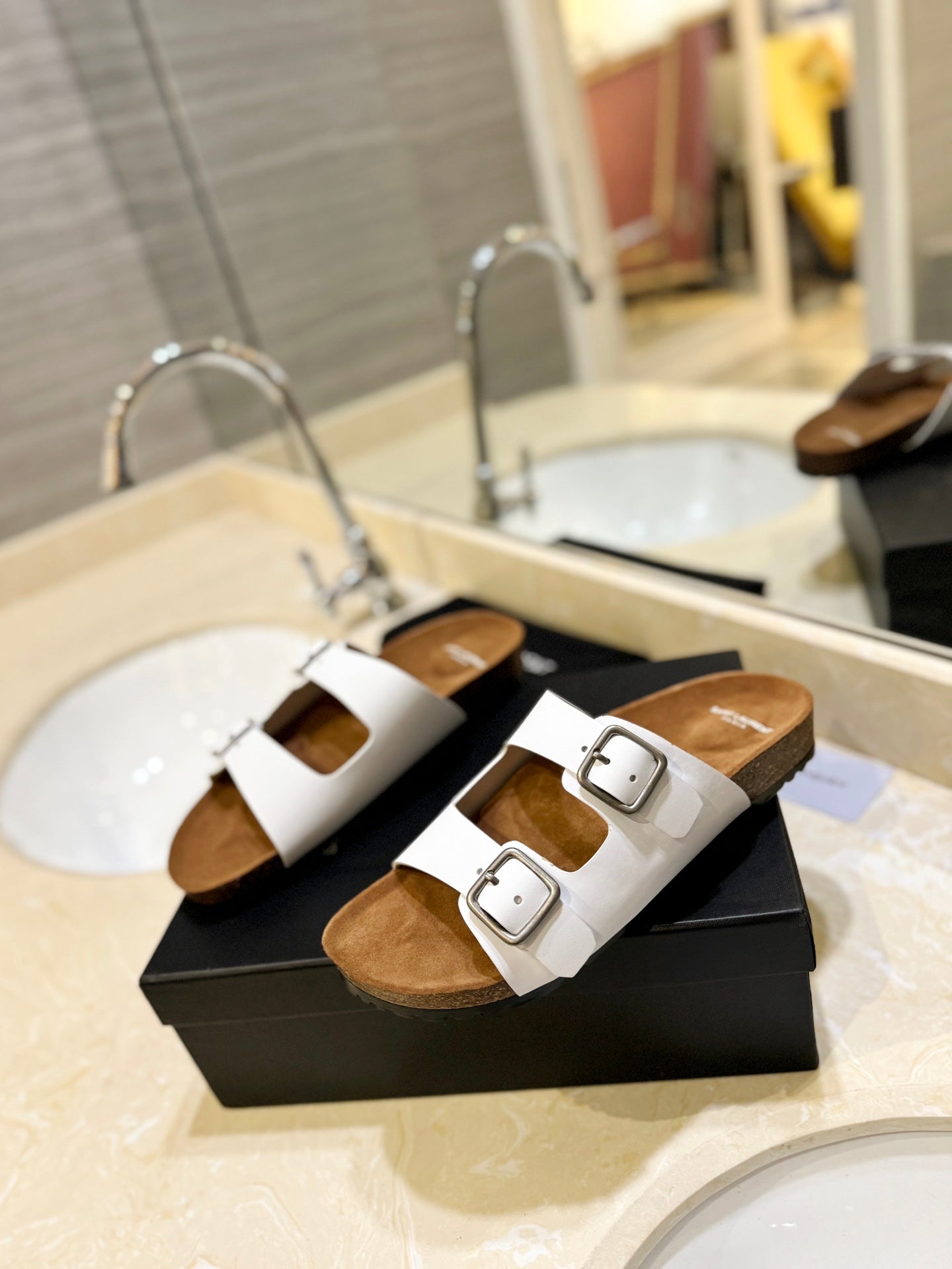 Saint Laurent SL Flat Sandal Women Brown Seude White Calfskin