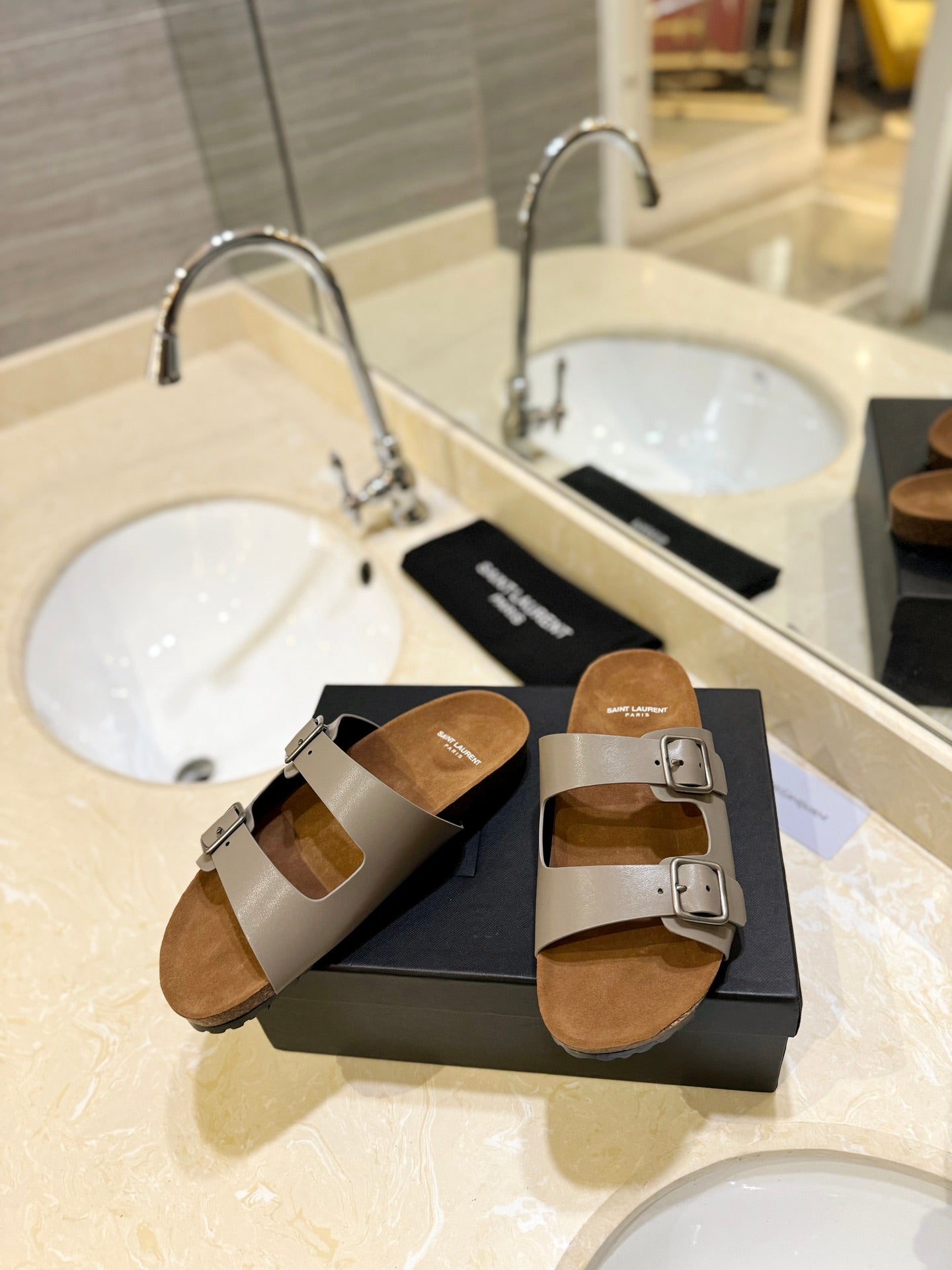Saint Laurent SL Flat Sandal Women Brown Seude Grey Calfskin