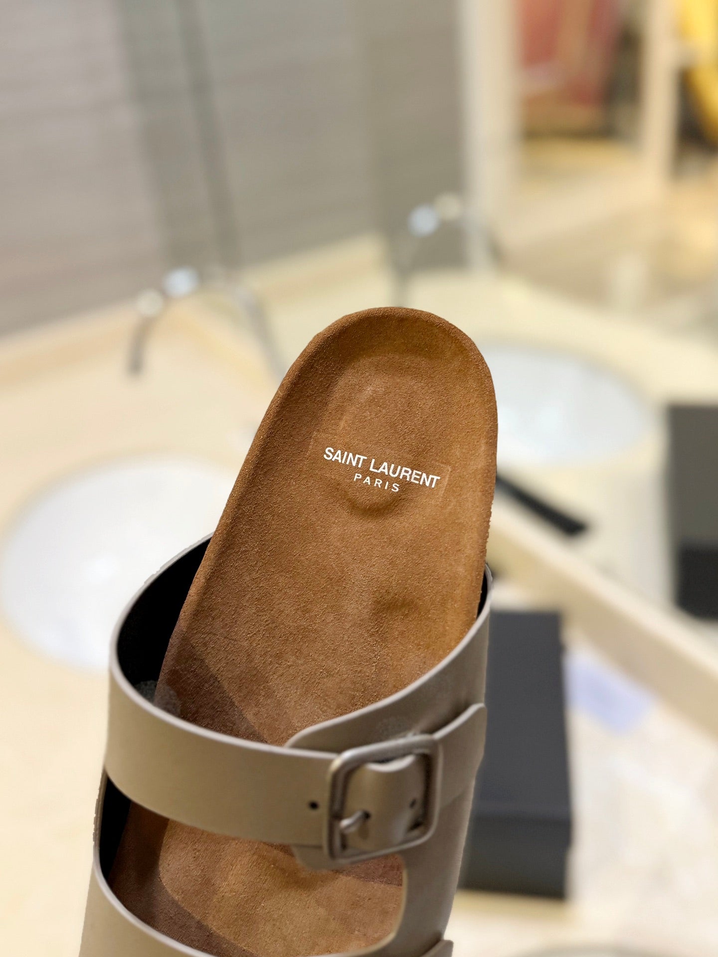 Saint Laurent SL Flat Sandal Women Brown Seude Grey Calfskin