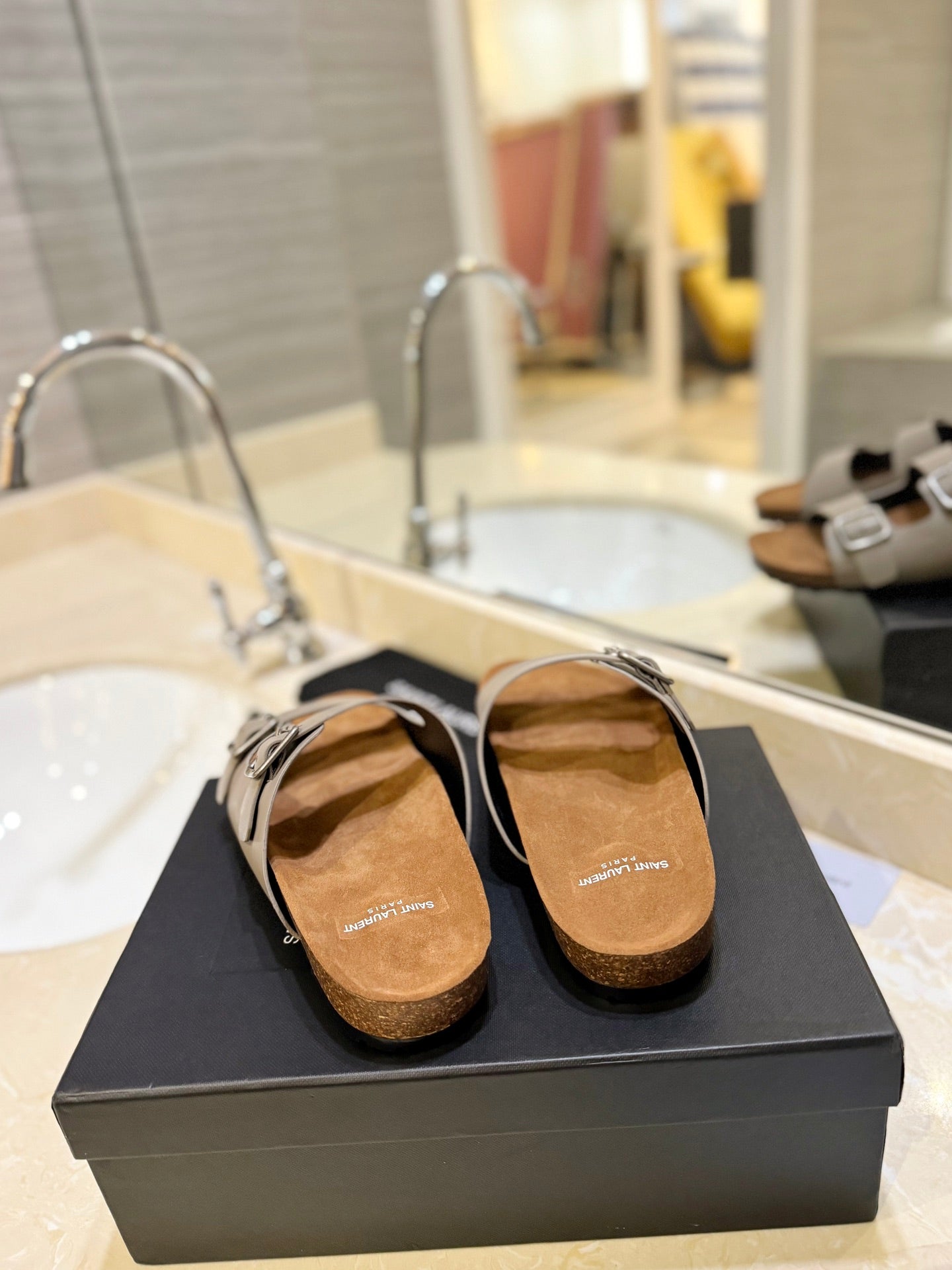 Saint Laurent SL Flat Sandal Women Brown Seude Grey Calfskin