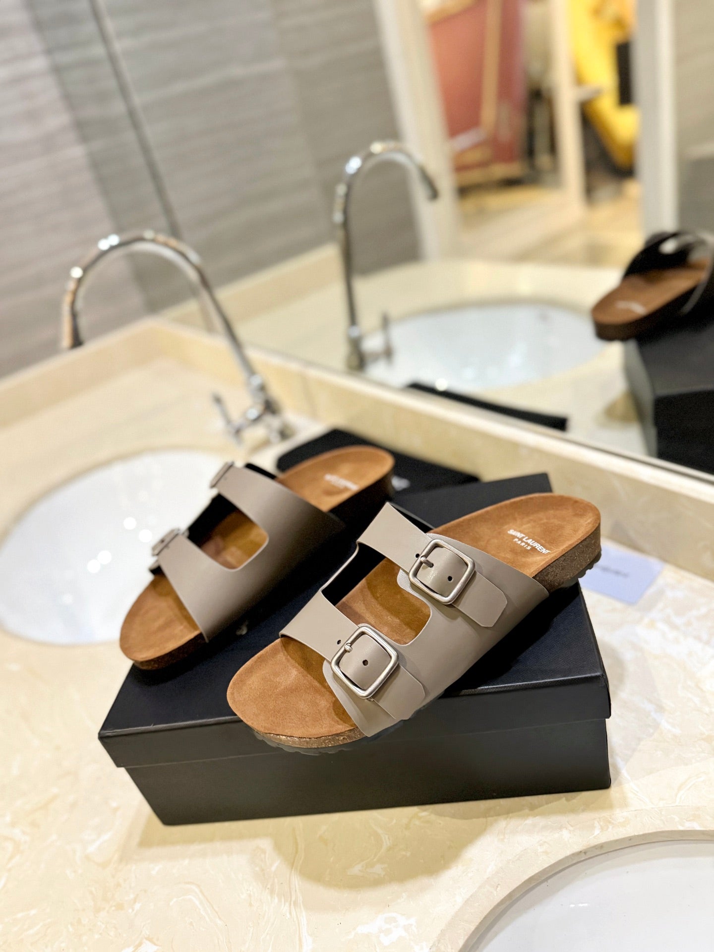 Saint Laurent SL Flat Sandal Women Brown Seude Grey Calfskin