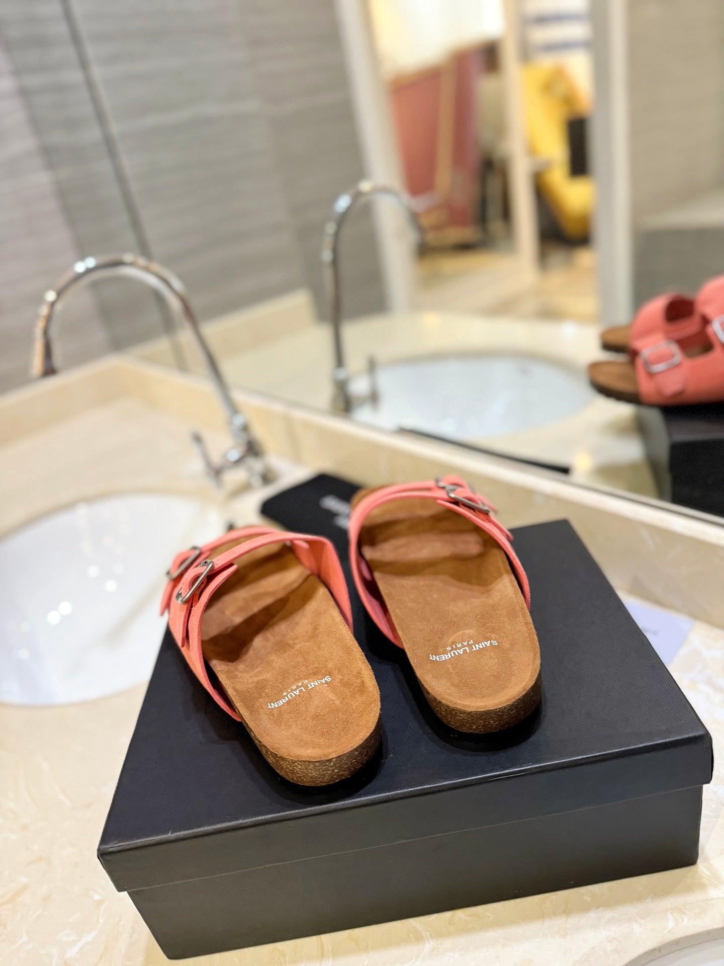Saint Laurent SL Flat Sandal Women Brown Pink Seude