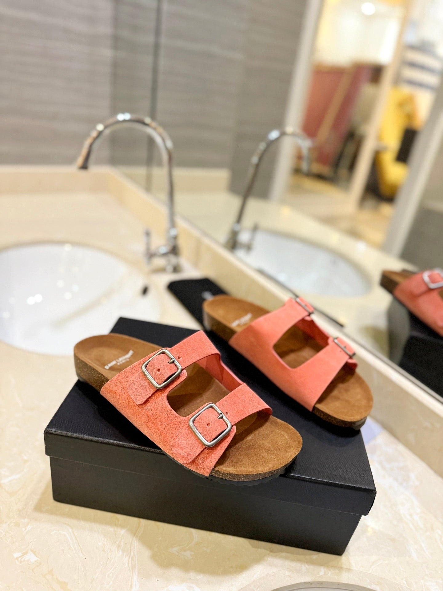 Saint Laurent SL Flat Sandal Women Brown Pink Seude