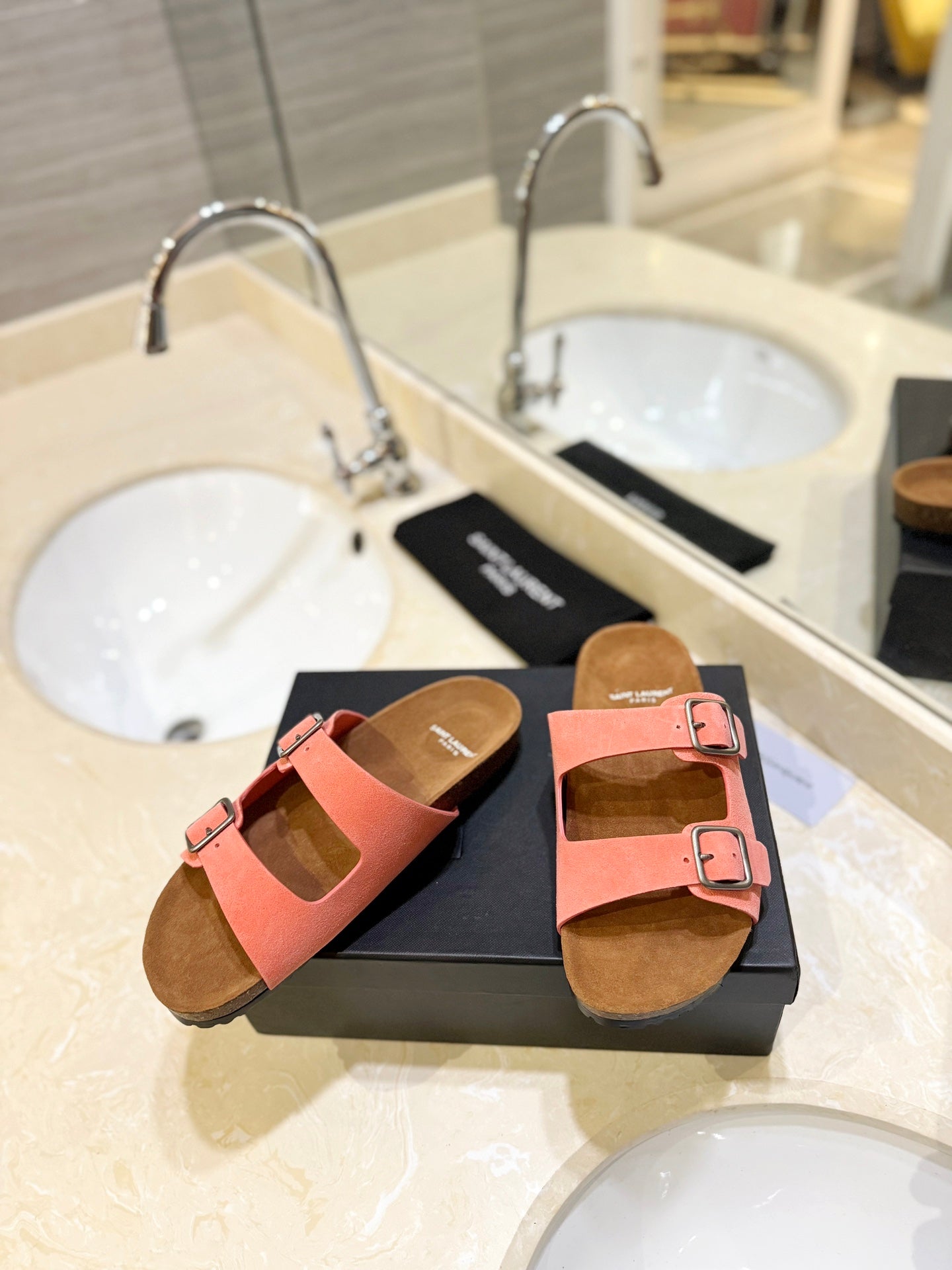 Saint Laurent SL Flat Sandal Women Brown Pink Seude