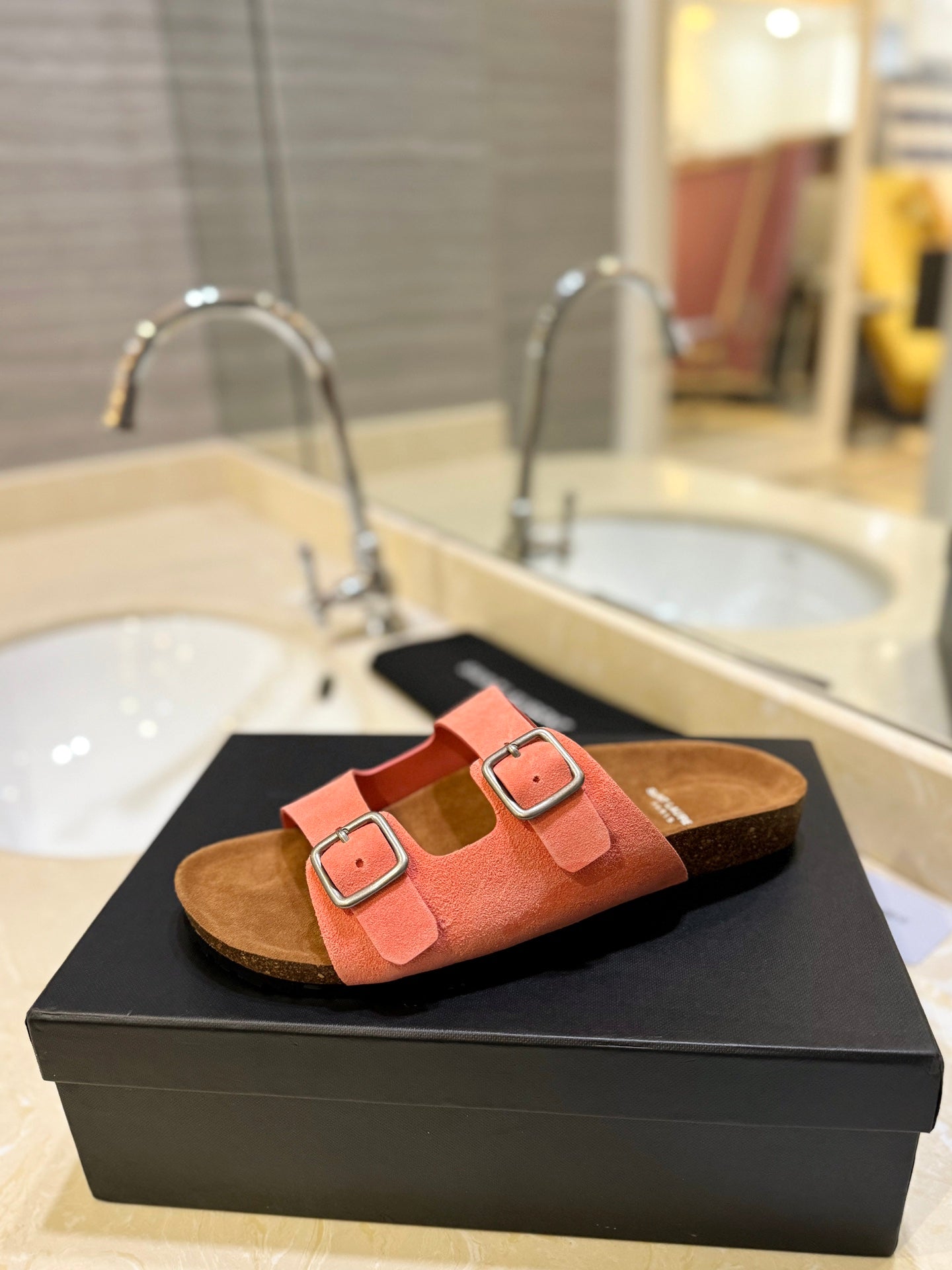Saint Laurent SL Flat Sandal Women Brown Pink Seude