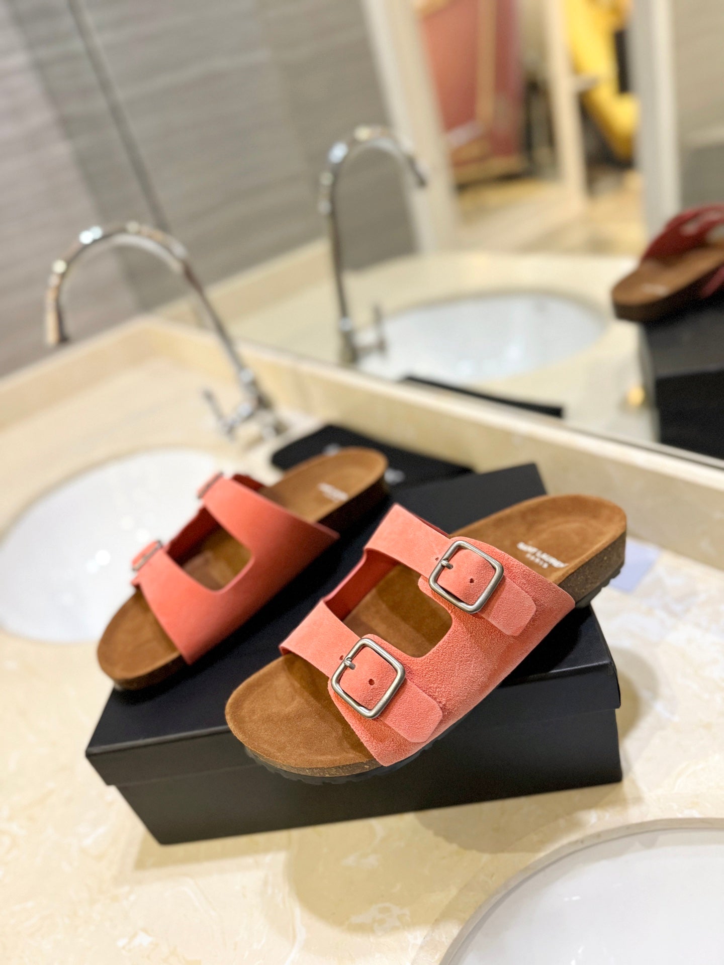 Saint Laurent SL Flat Sandal Women Brown Pink Seude