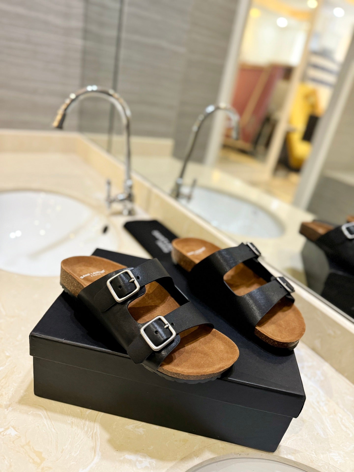 Saint Laurent SL Flat Sandal Women Brown Seude Black Calfskin