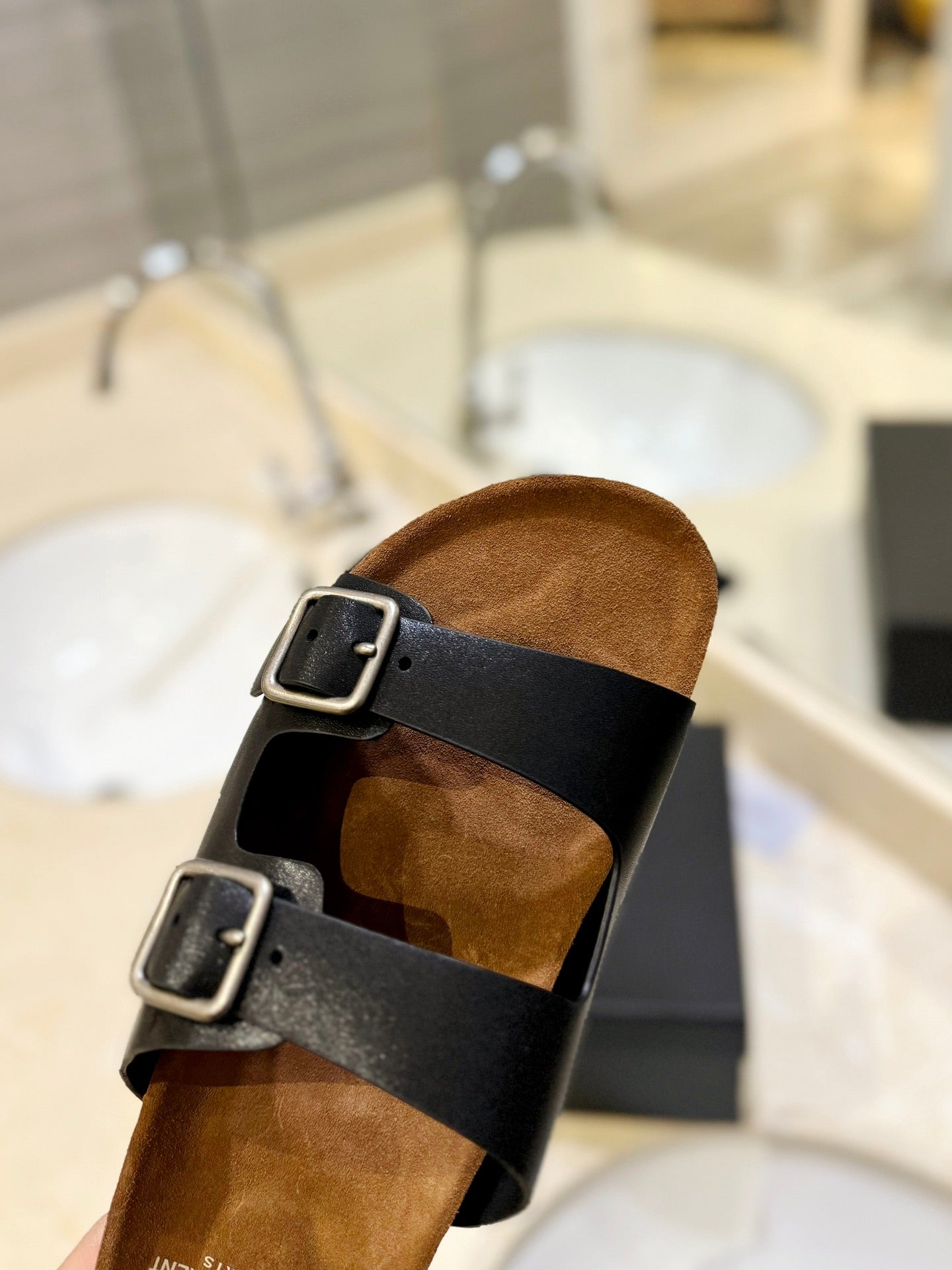 Saint Laurent SL Flat Sandal Women Brown Seude Black Calfskin
