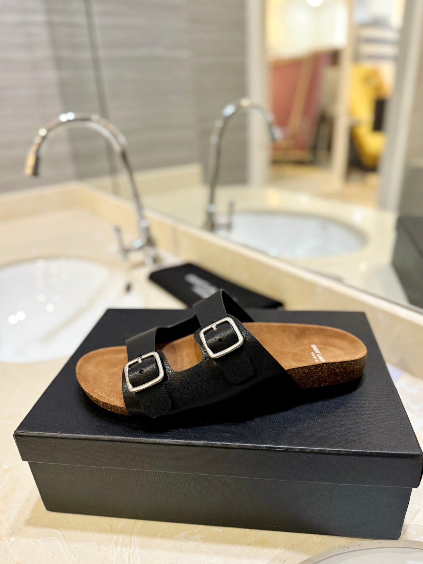 Saint Laurent SL Flat Sandal Women Brown Seude Black Calfskin