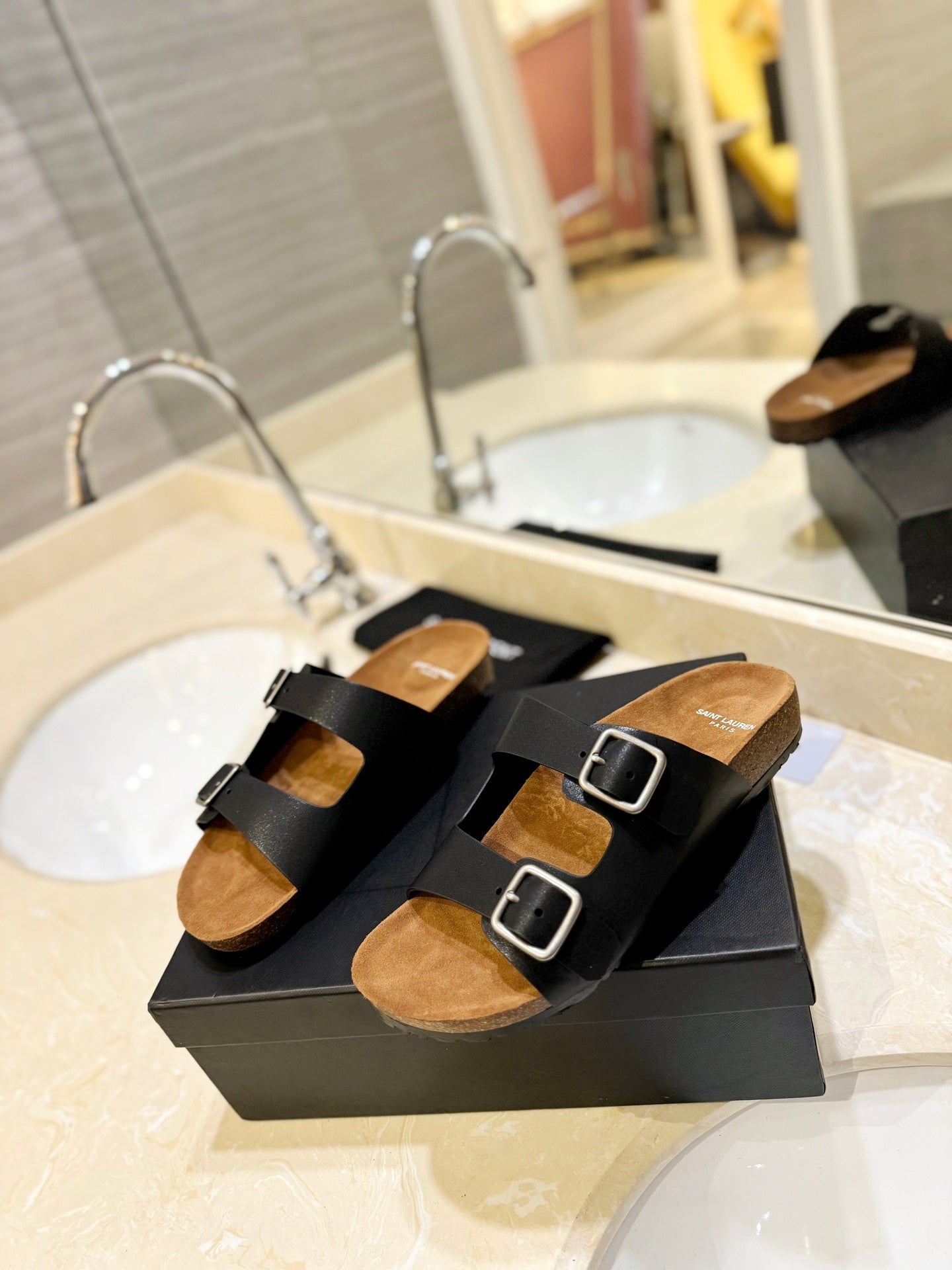 Saint Laurent SL Flat Sandal Women Brown Seude Black Calfskin