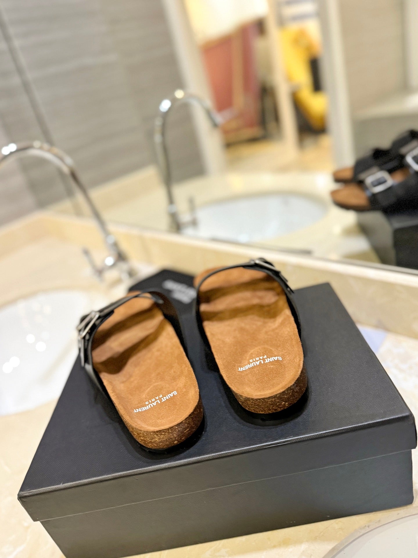 Saint Laurent SL Flat Sandal Women Brown Seude Black Calfskin