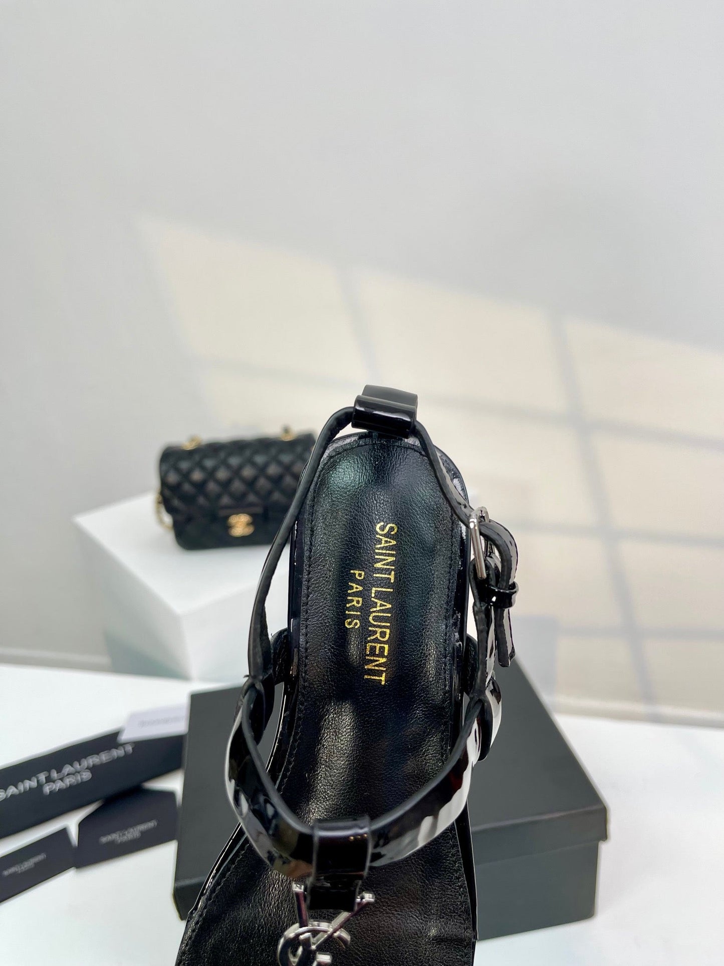 Saint Laurent SL Cassandra Flat Sandals Black Patent Leather