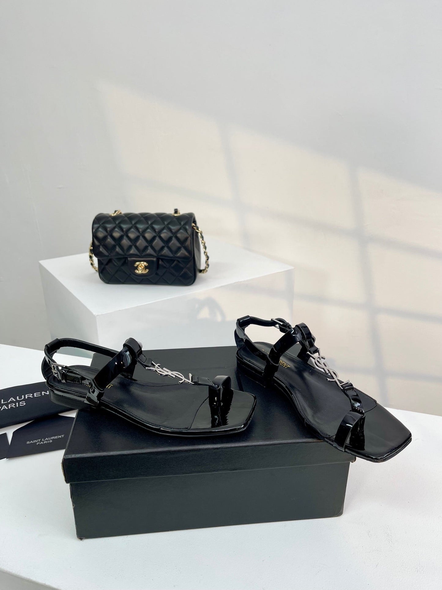 Saint Laurent SL Cassandra Flat Sandals Black Patent Leather
