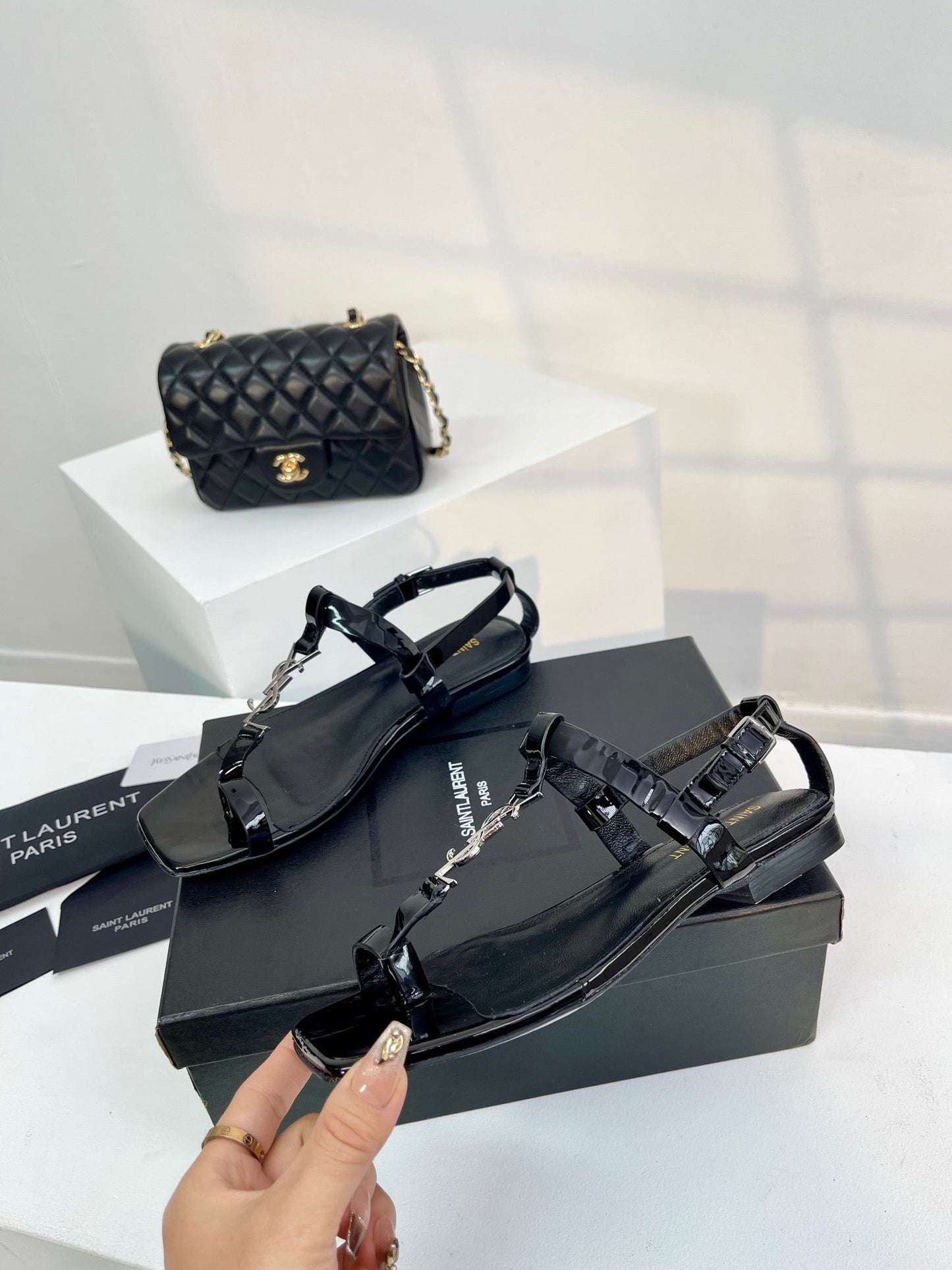 Saint Laurent SL Cassandra Flat Sandals Black Patent Leather