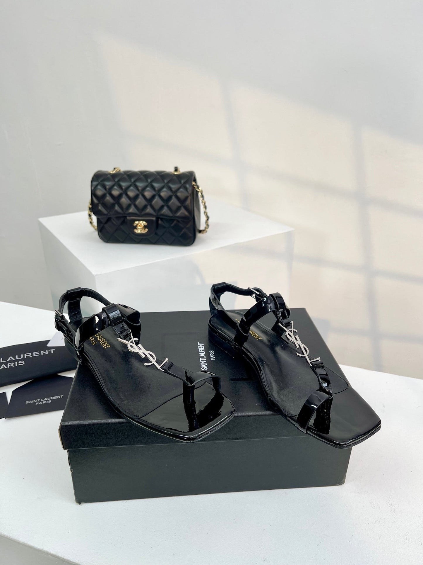 Saint Laurent SL Cassandra Flat Sandals Black Patent Leather