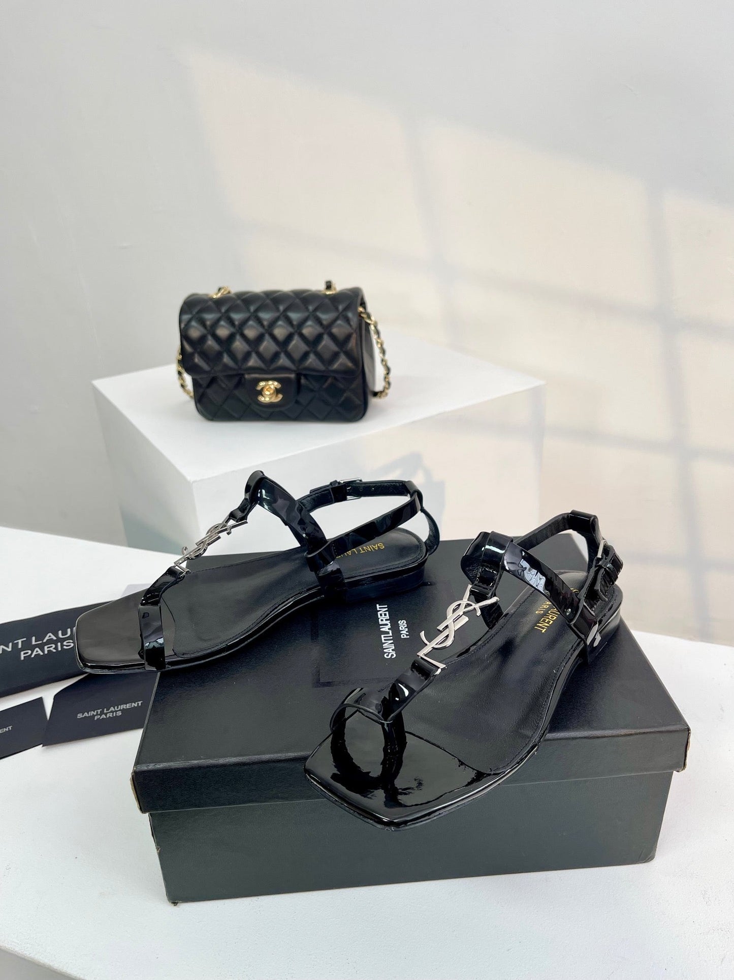 Saint Laurent SL Cassandra Flat Sandals Black Patent Leather