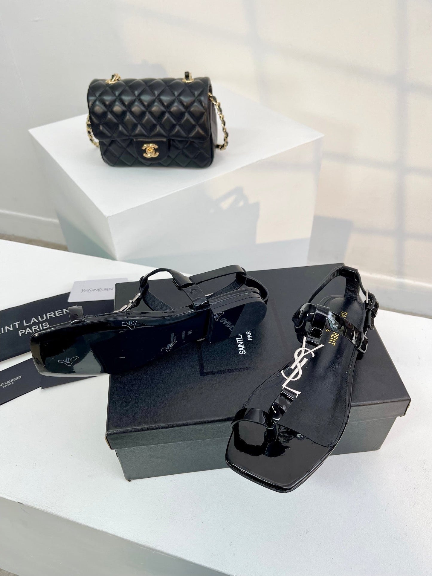 Saint Laurent SL Cassandra Flat Sandals Black Patent Leather
