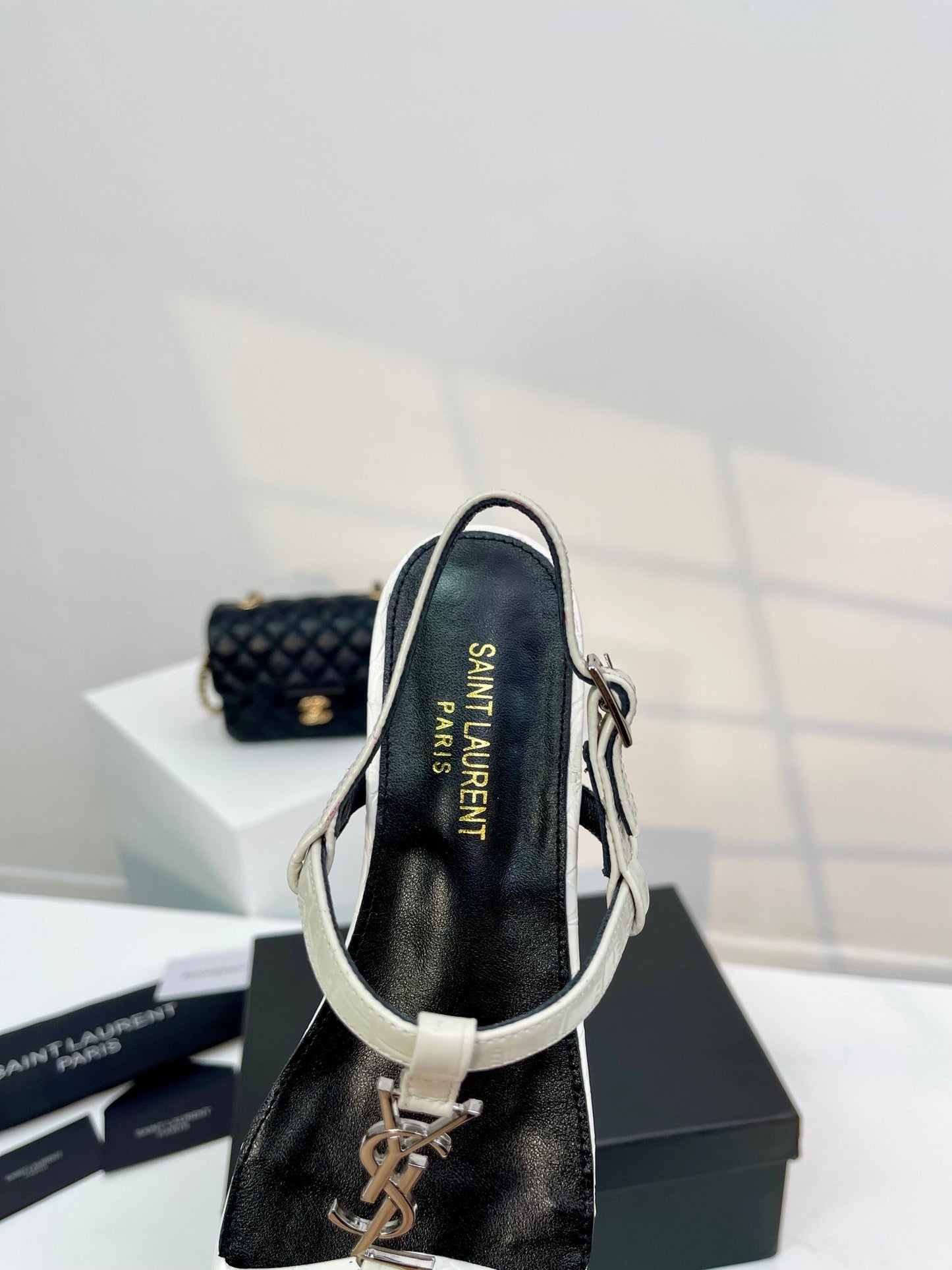 Saint Laurent SL Cassandra Croc-Embossed Thong Sandals Black White Leather