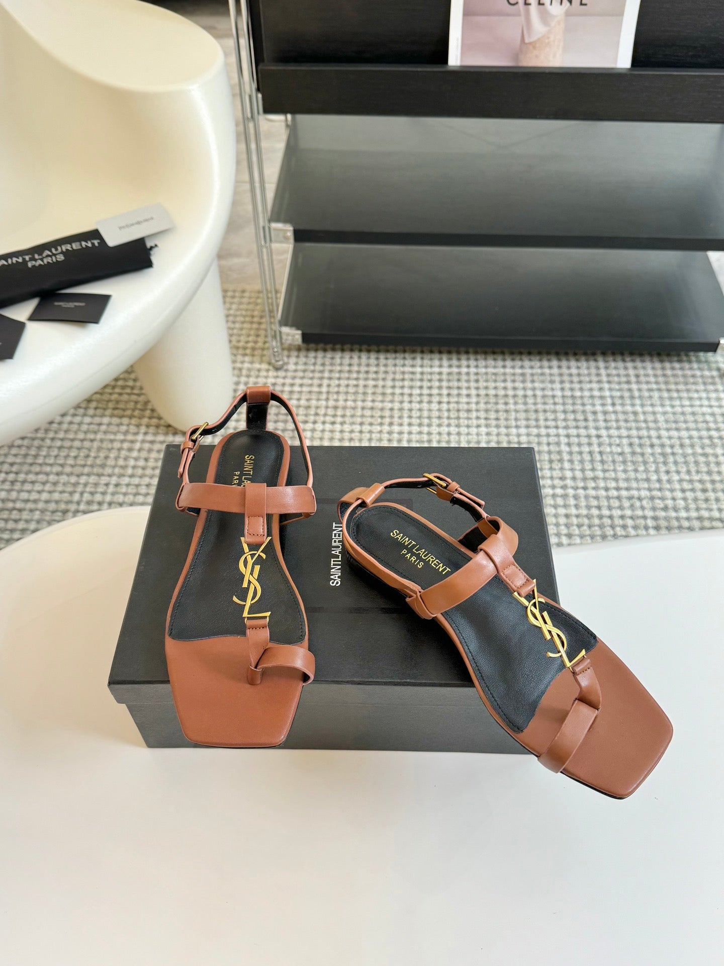 Saint Laurent SL Cassandra Flat Sandals Black Tan Leather