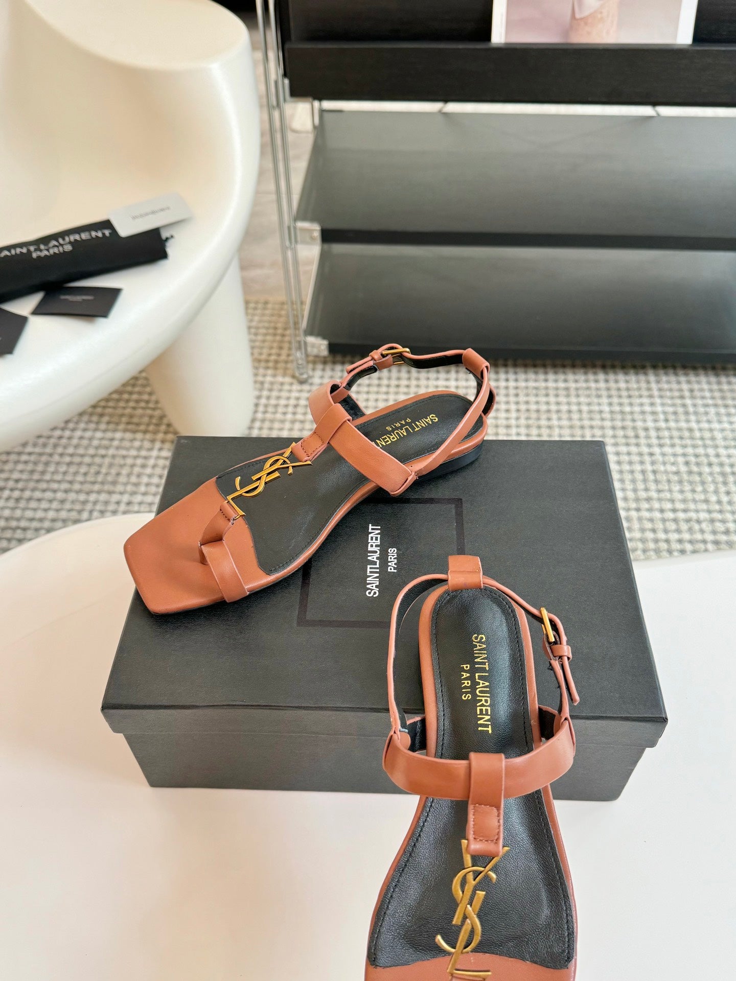 Saint Laurent SL Cassandra Flat Sandals Black Tan Leather
