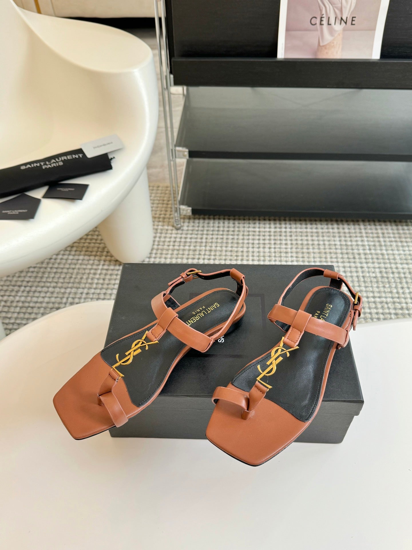 Saint Laurent SL Cassandra Flat Sandals Black Tan Leather