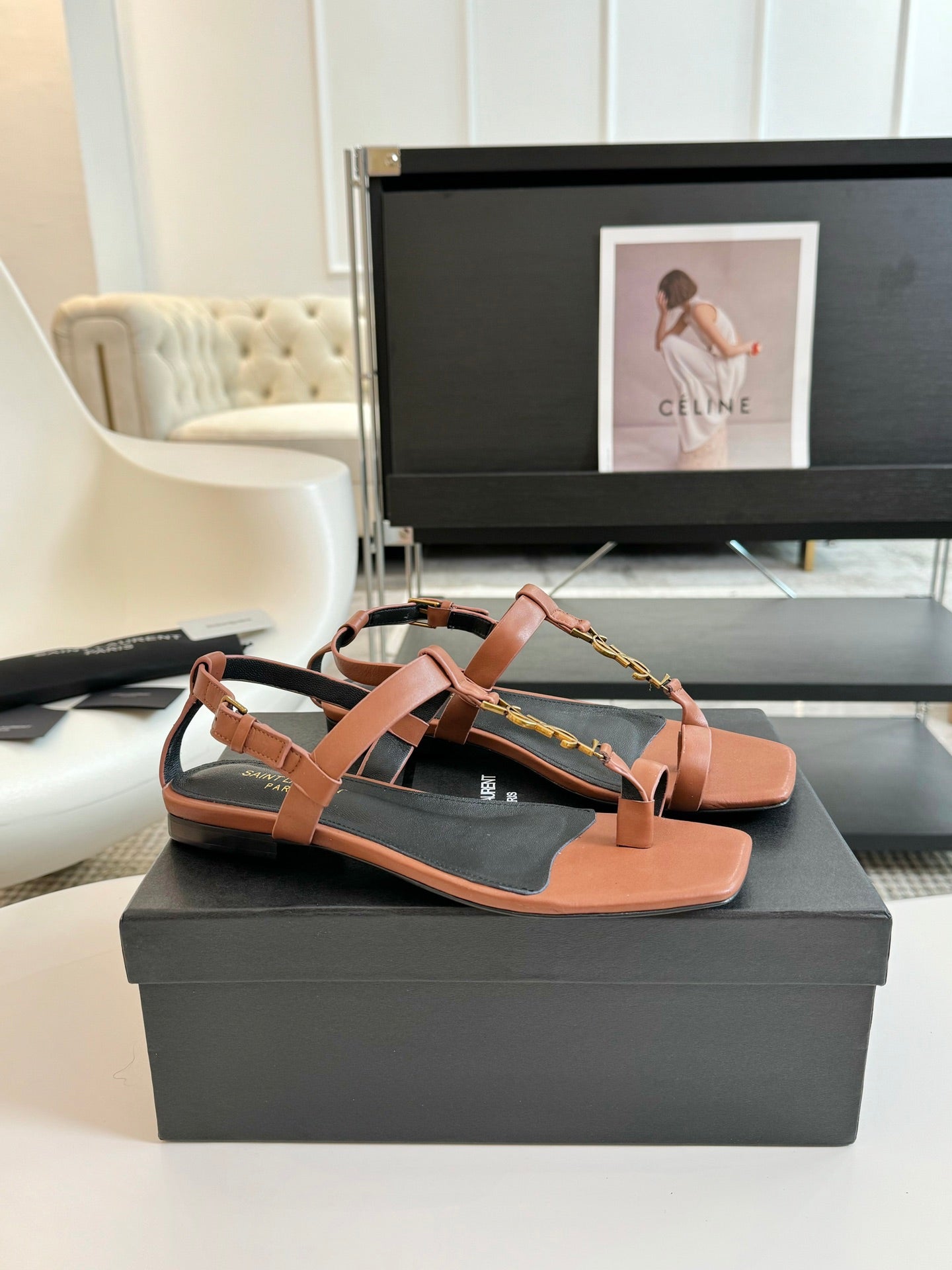 Saint Laurent SL Cassandra Flat Sandals Black Tan Leather